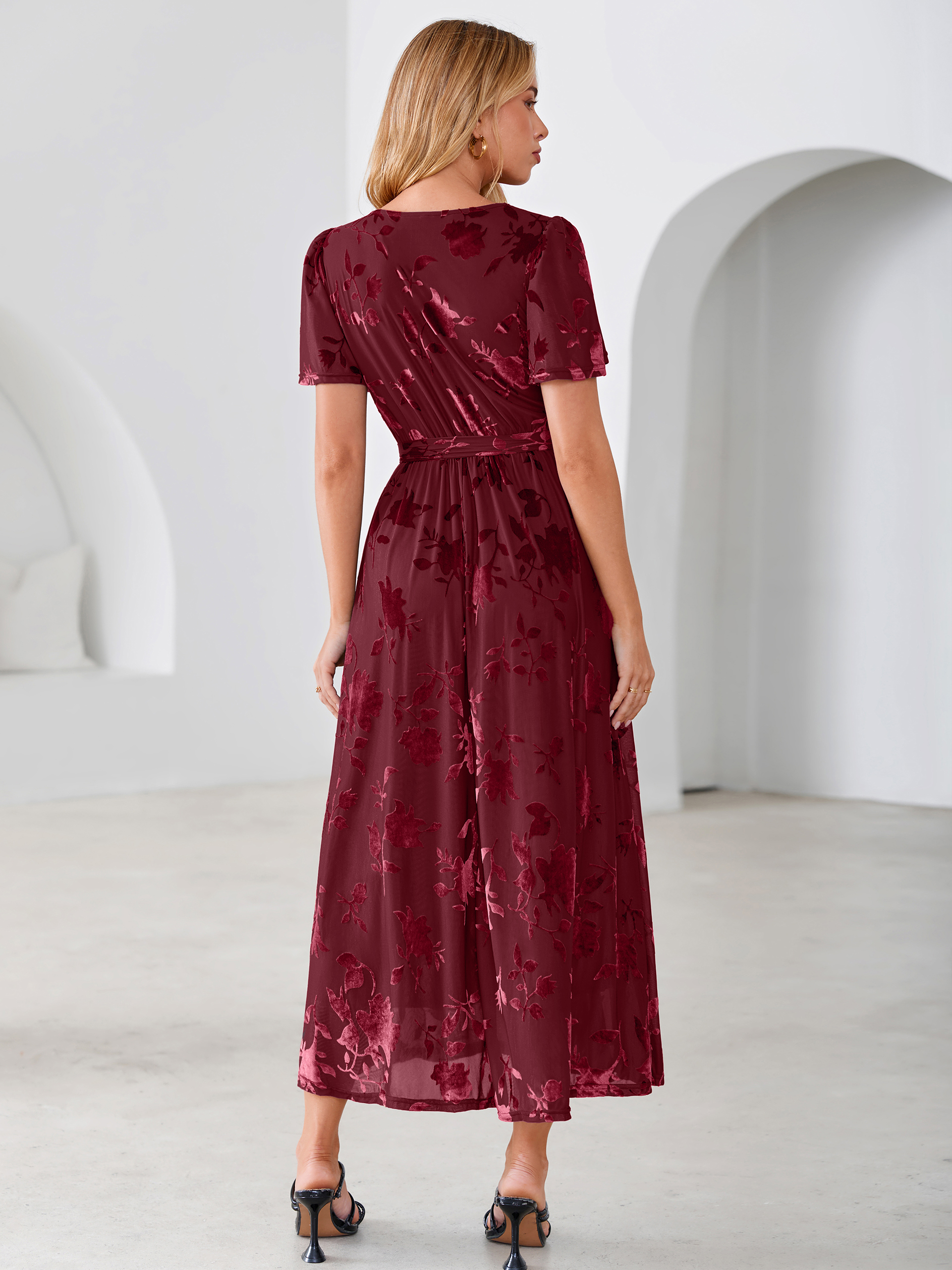 Velvet Floral Tie Waist Flutter Sleeve Maxi Dress