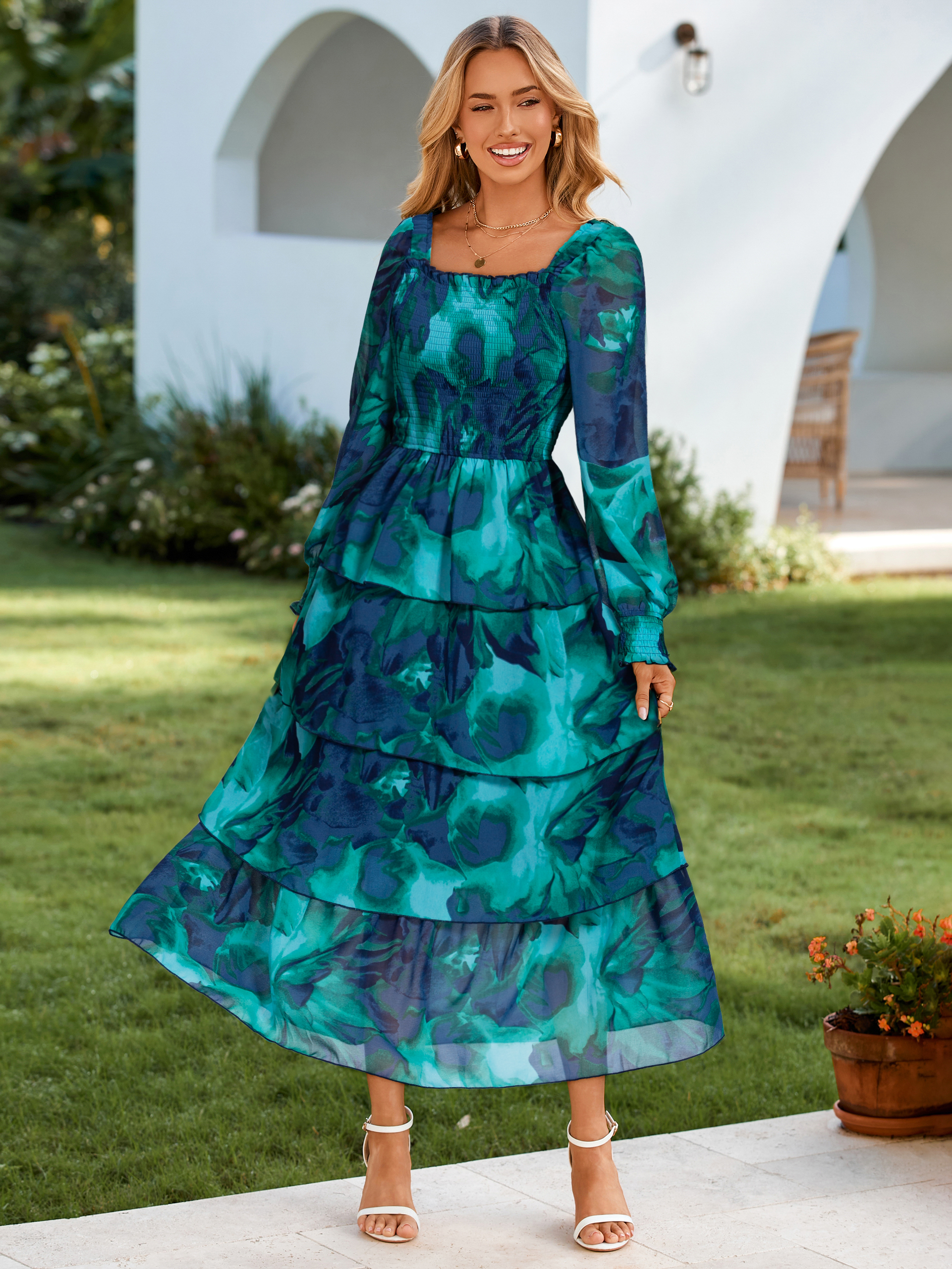 Floral Chiffon Tiered Smocked Wedding Guest Dress