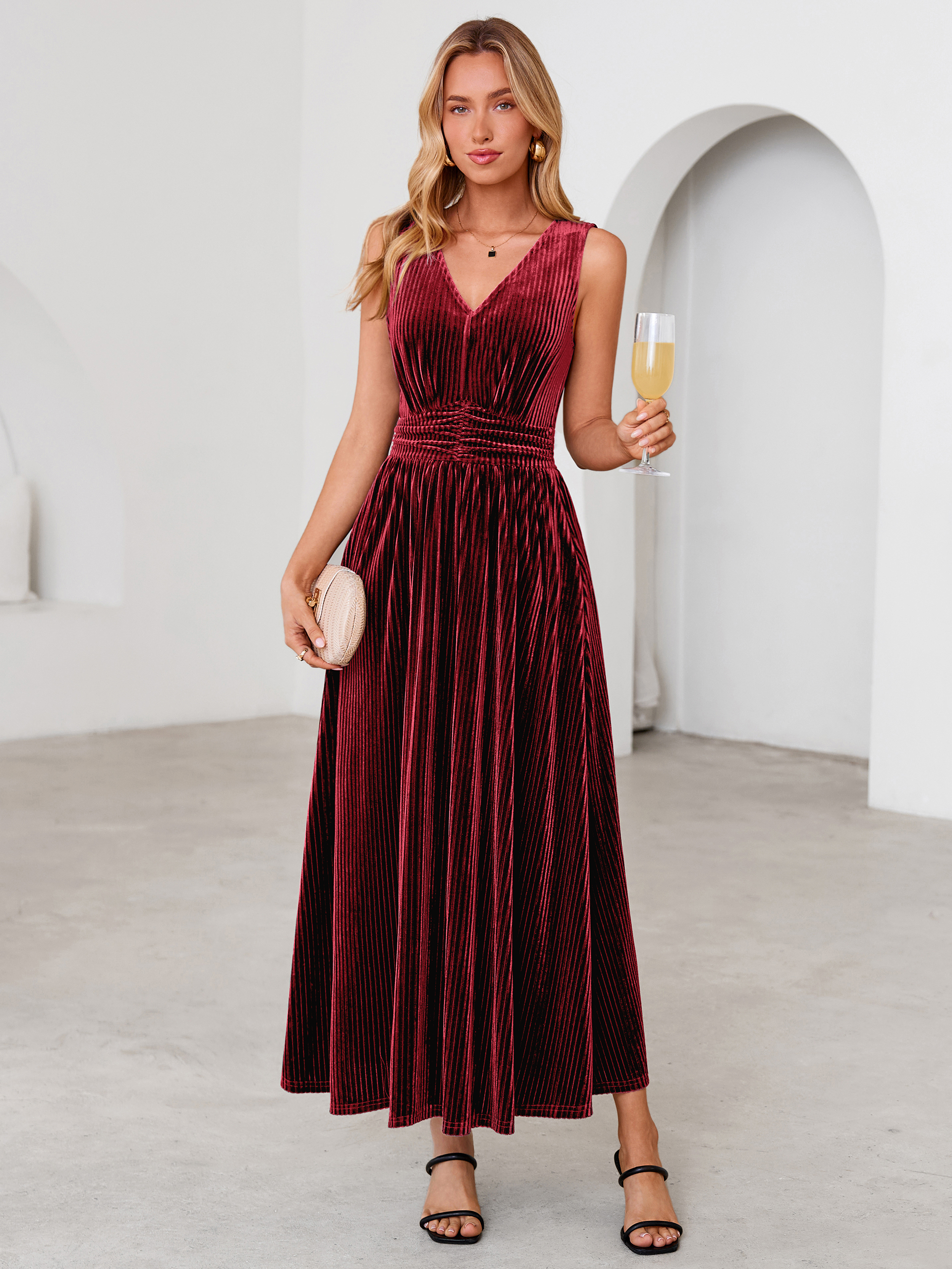 Sleeveless Deep V Neck Ribbed Velvet Maxi Dress - Burgundy