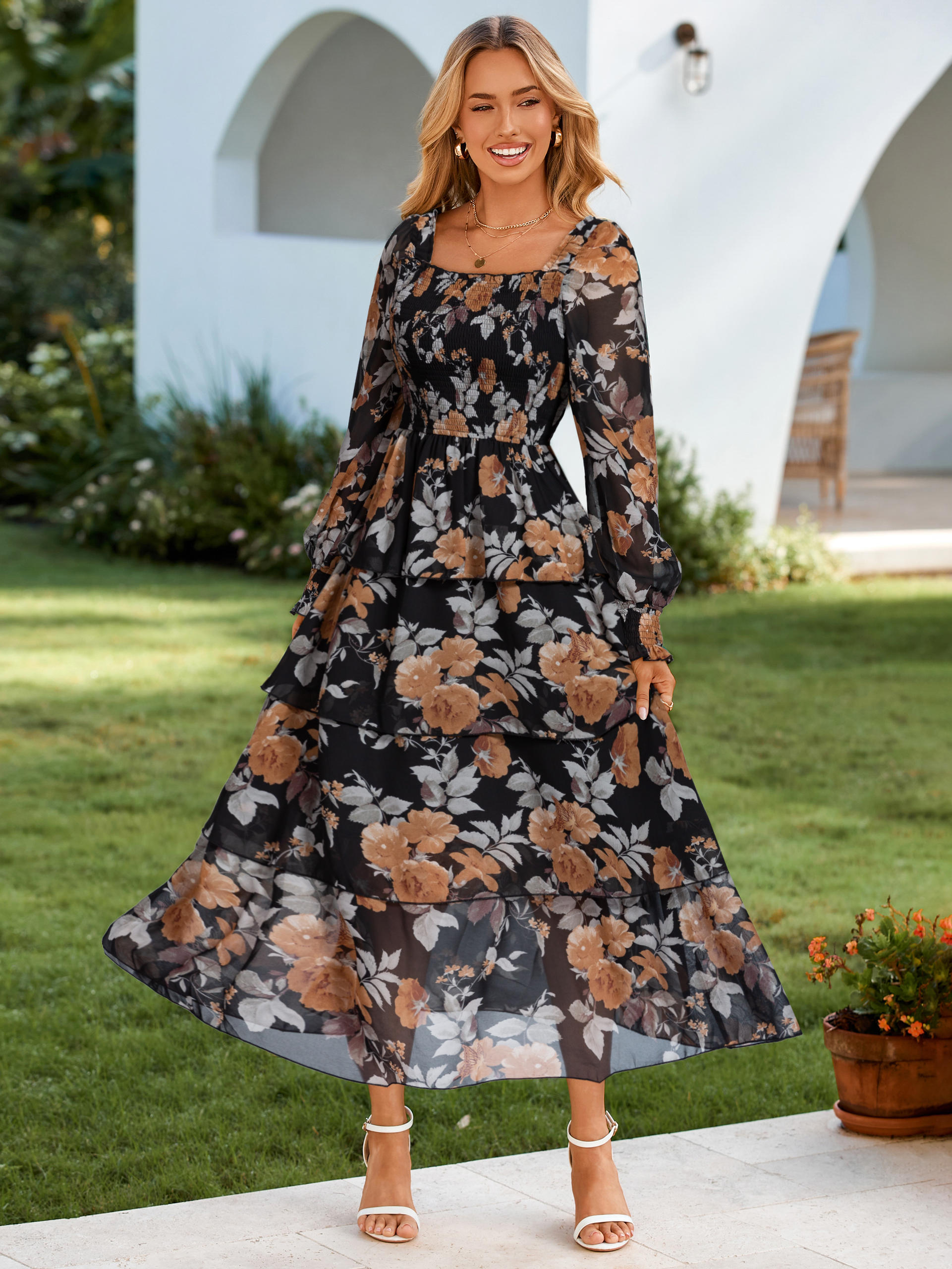 Floral Chiffon Tiered Smocked Wedding Guest Dress