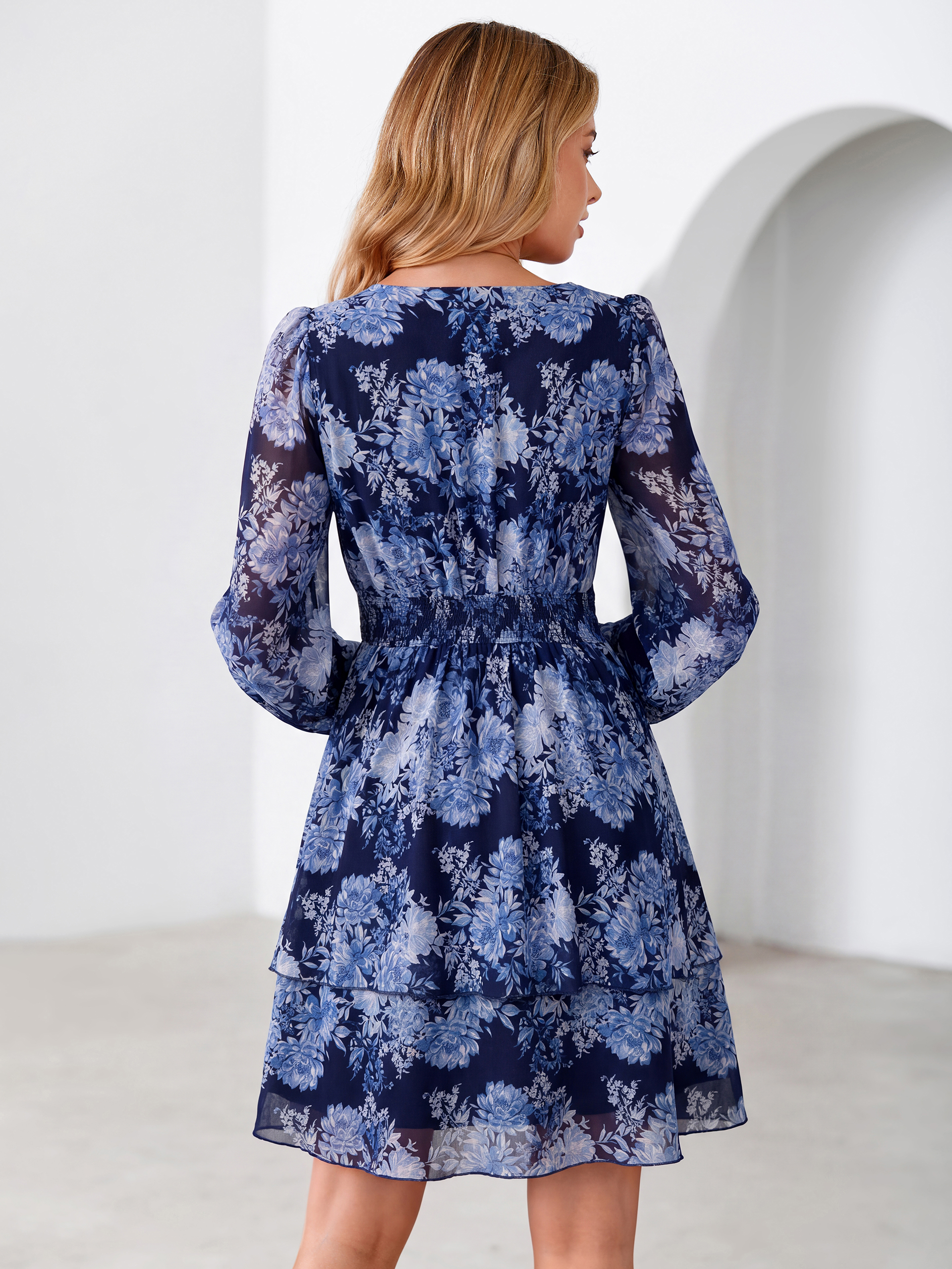 Long Sleeve Floral Chiffon A-Line Mini Dress