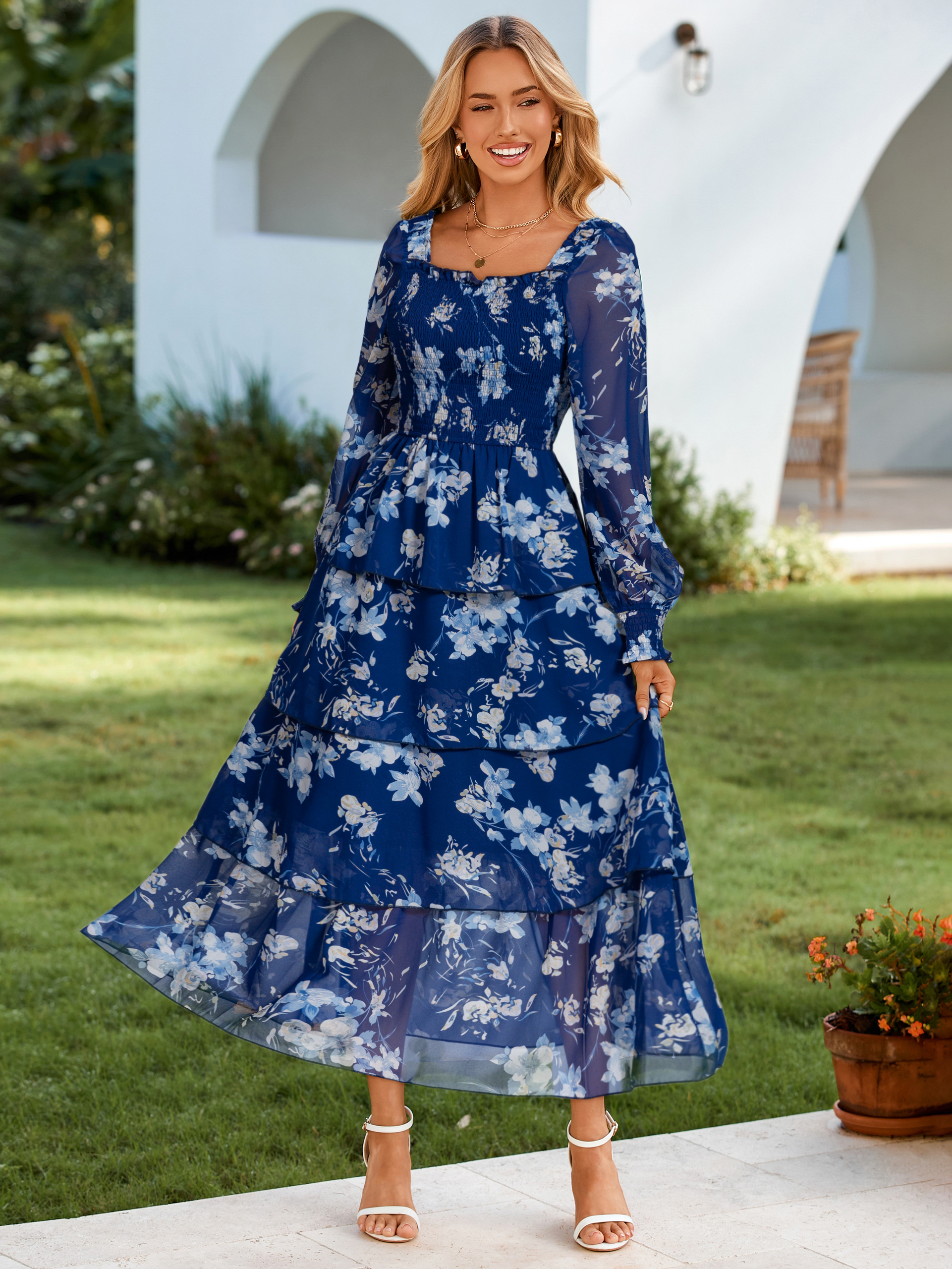 Floral Chiffon Tiered Smocked Wedding Guest Dress