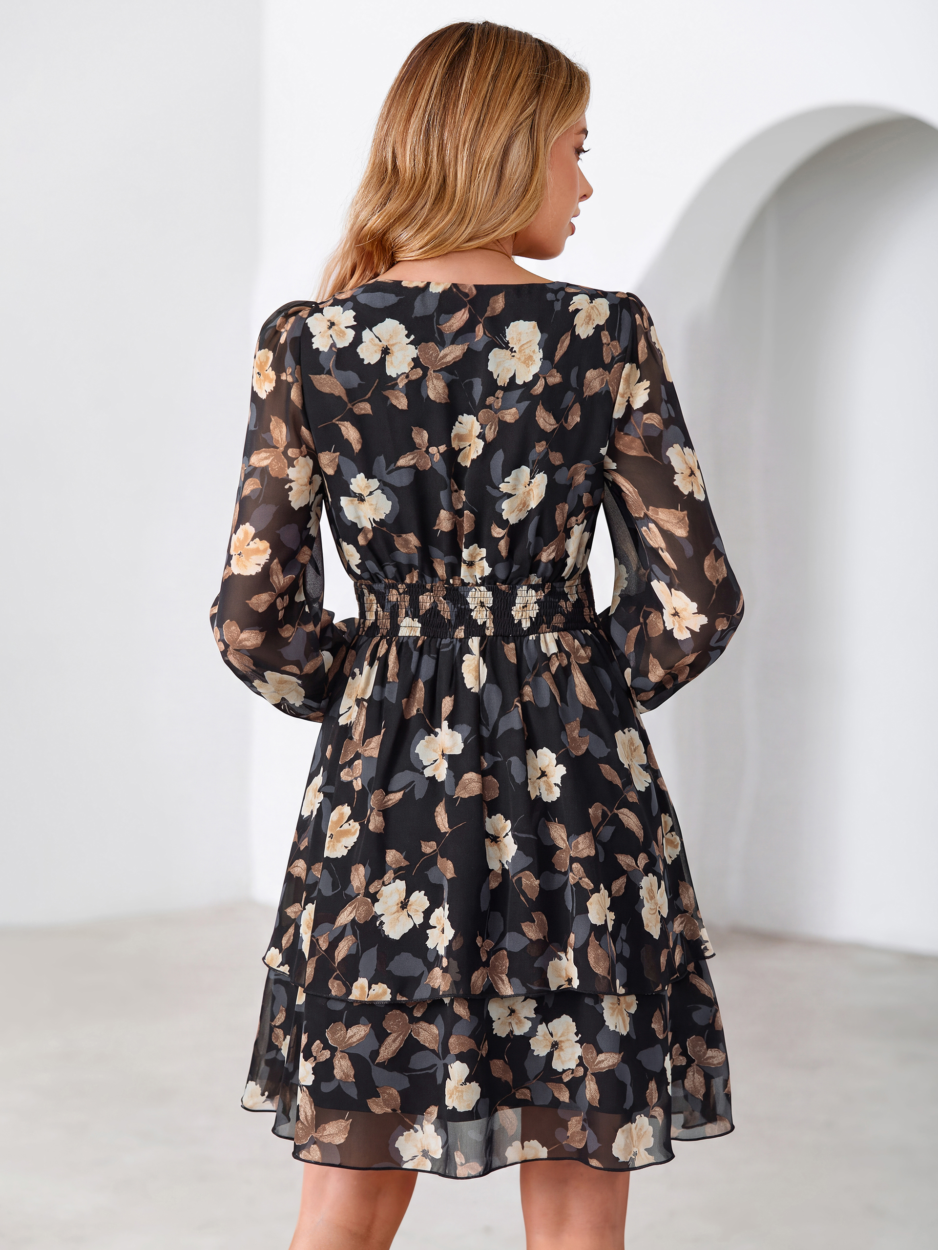 Long Sleeve Floral Chiffon A-Line Mini Dress