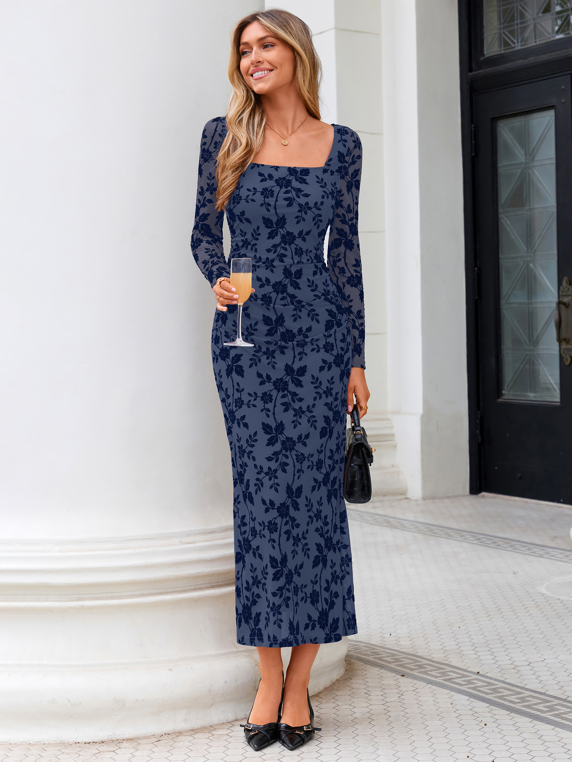 Floral Mesh Ruched Square Neck Bodycon Maxi Dress