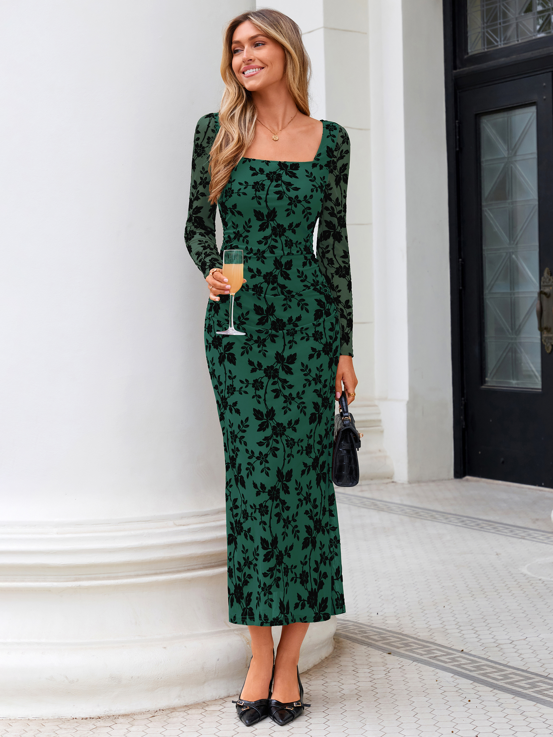 Floral Mesh Ruched Square Neck Bodycon Maxi Dress