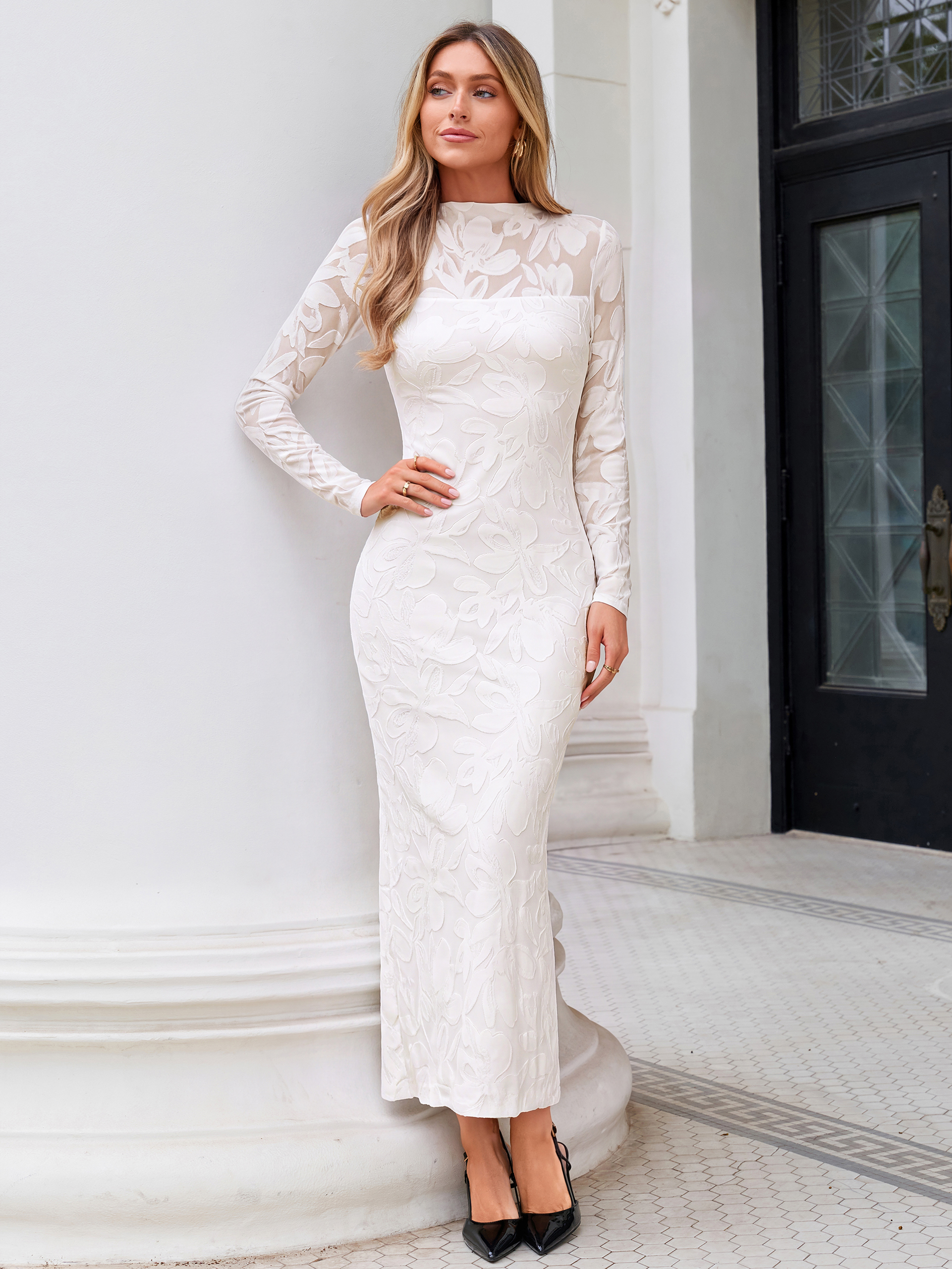 Elegant Floral Mesh Long Sleeve Bodycon Maxi Dress