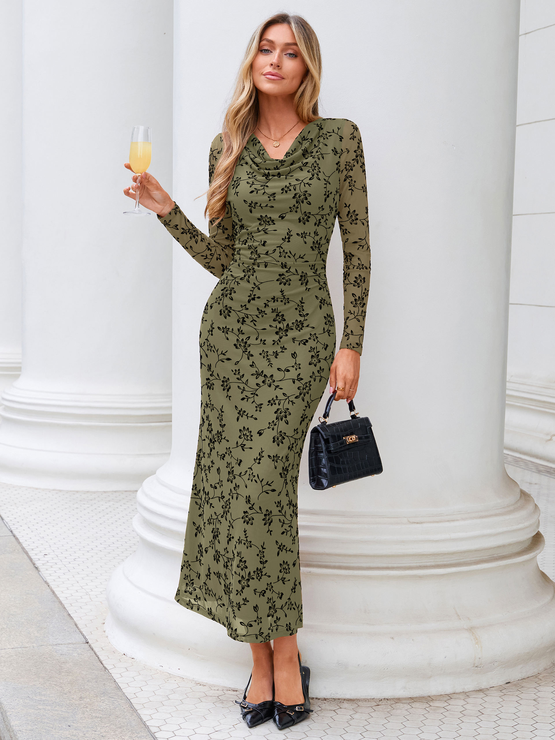 Floral Jacquard Mesh Cowl Neck Bodycon Maxi Dress