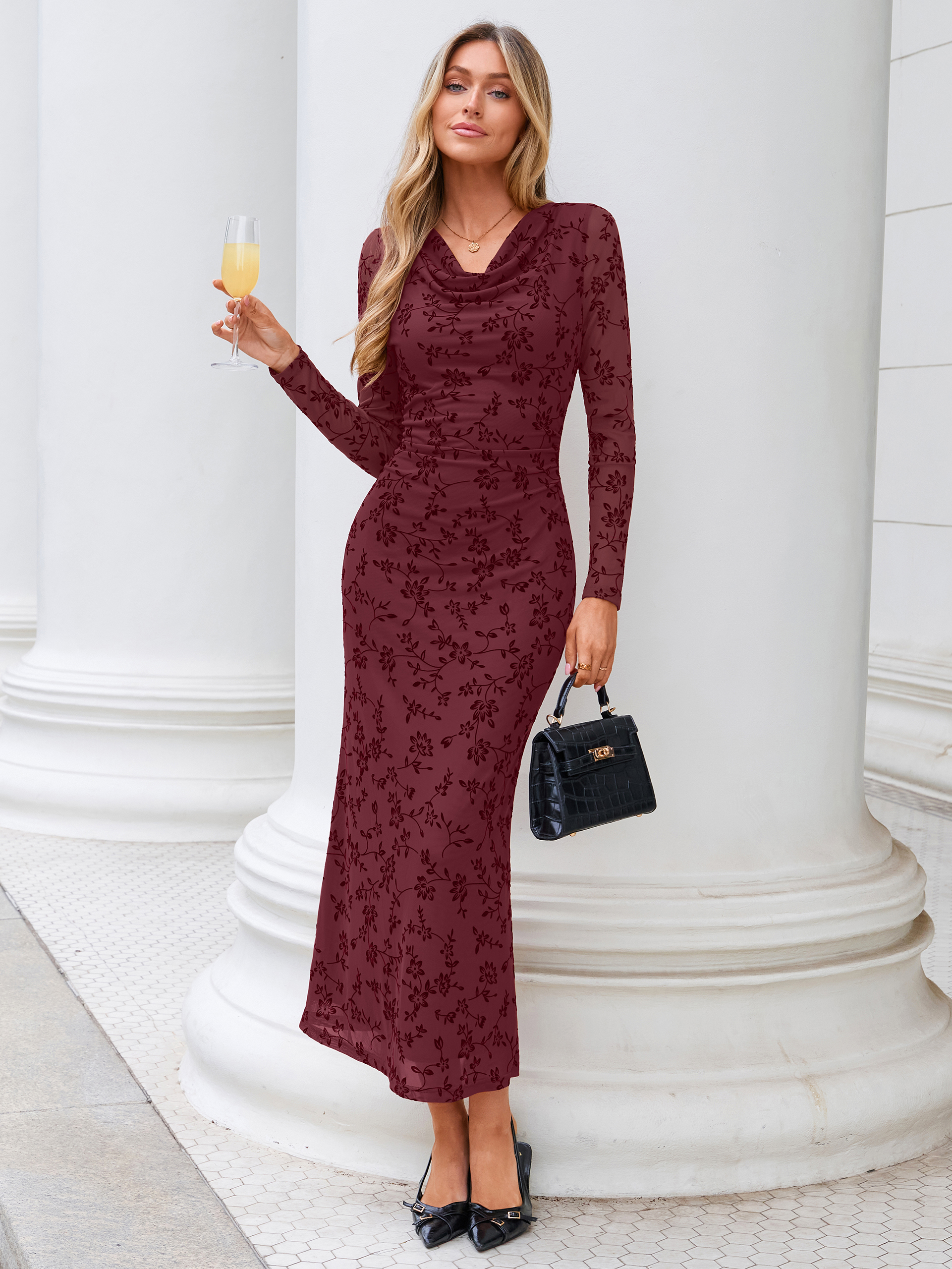Floral Jacquard Mesh Cowl Neck Bodycon Maxi Dress