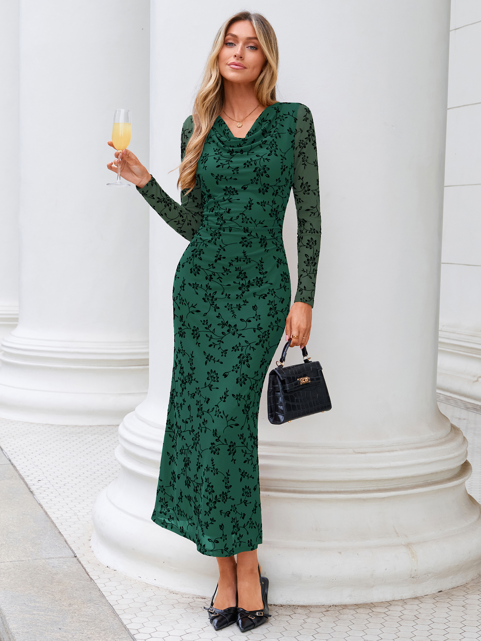 Floral Jacquard Mesh Cowl Neck Bodycon Maxi Dress