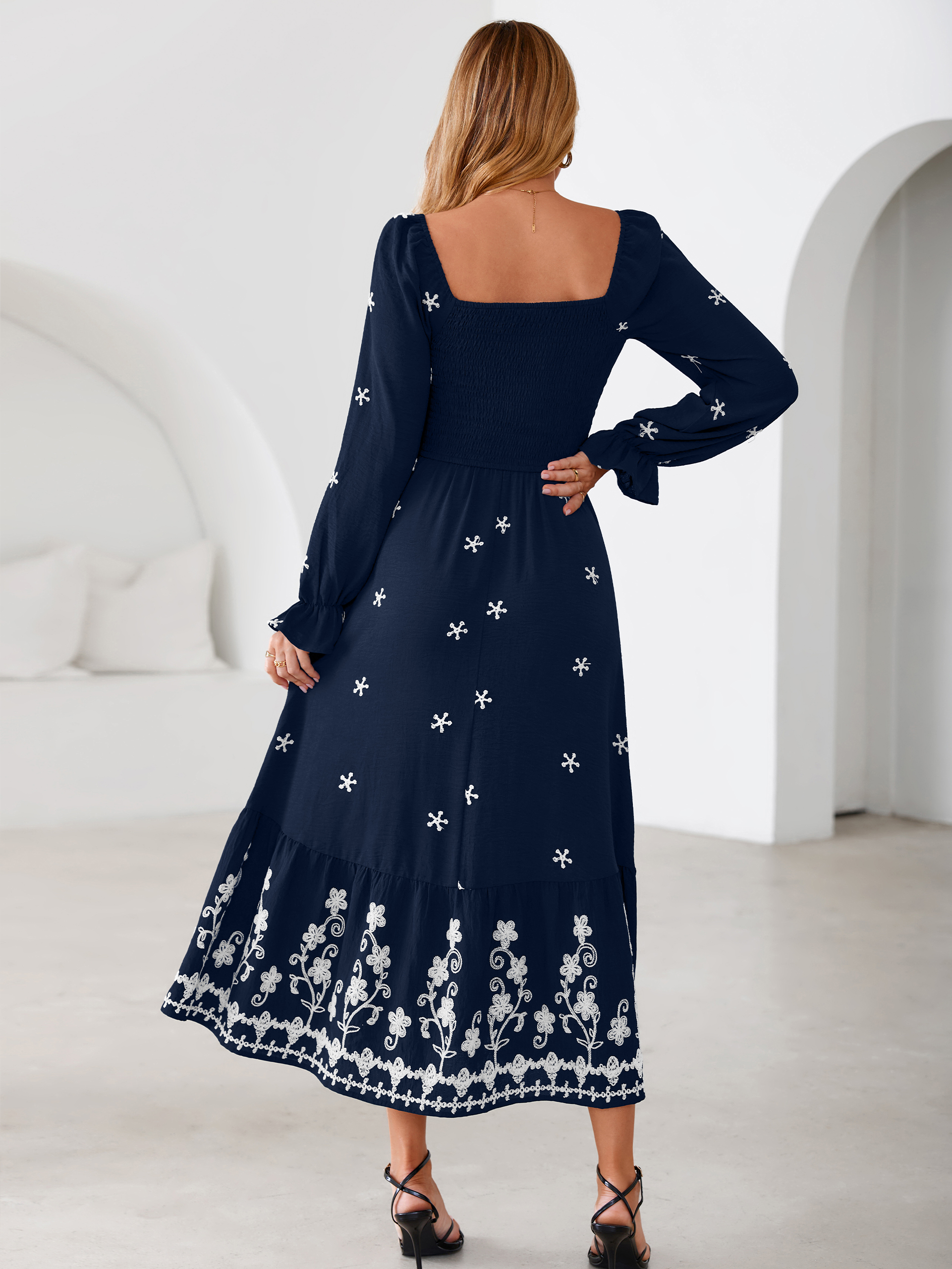 Boho Square Neck Floral Embroidered Maxi Dress