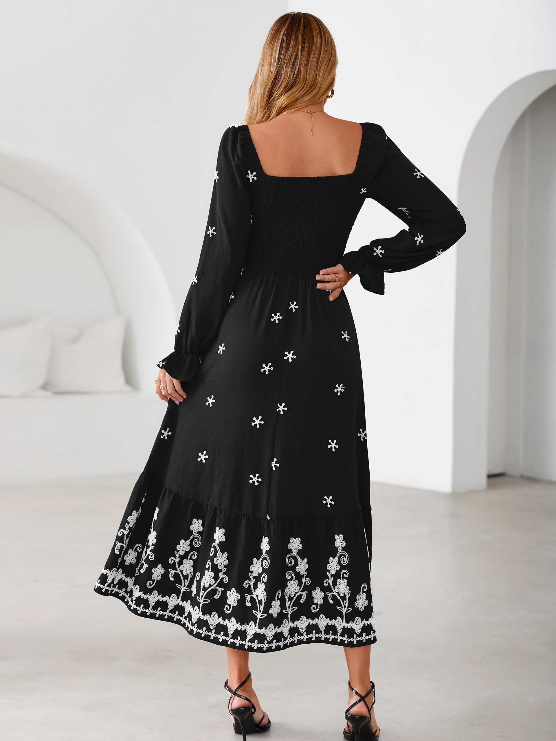 Boho Square Neck Floral Embroidered Maxi Dress