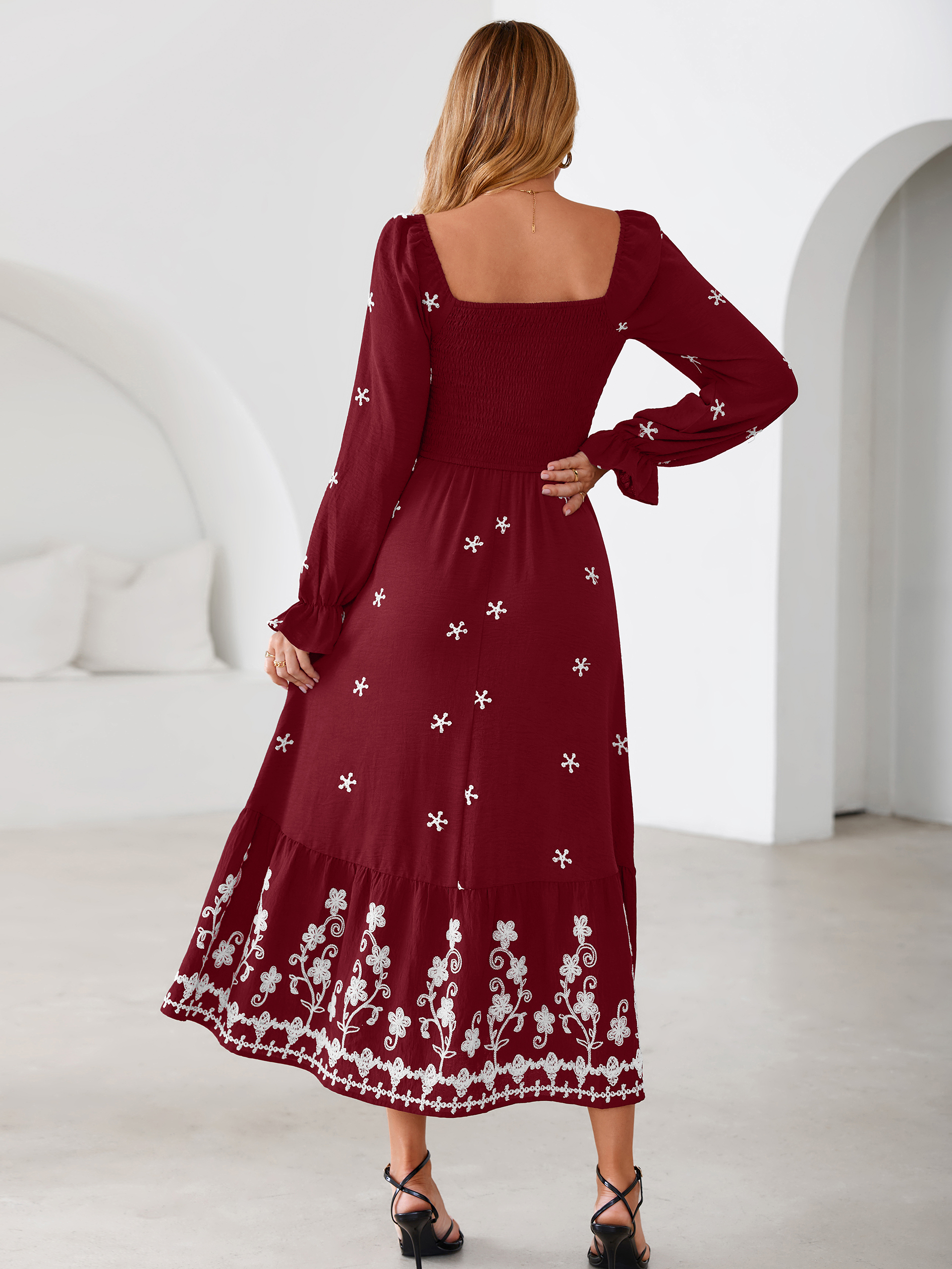 Boho Square Neck Floral Embroidered Maxi Dress