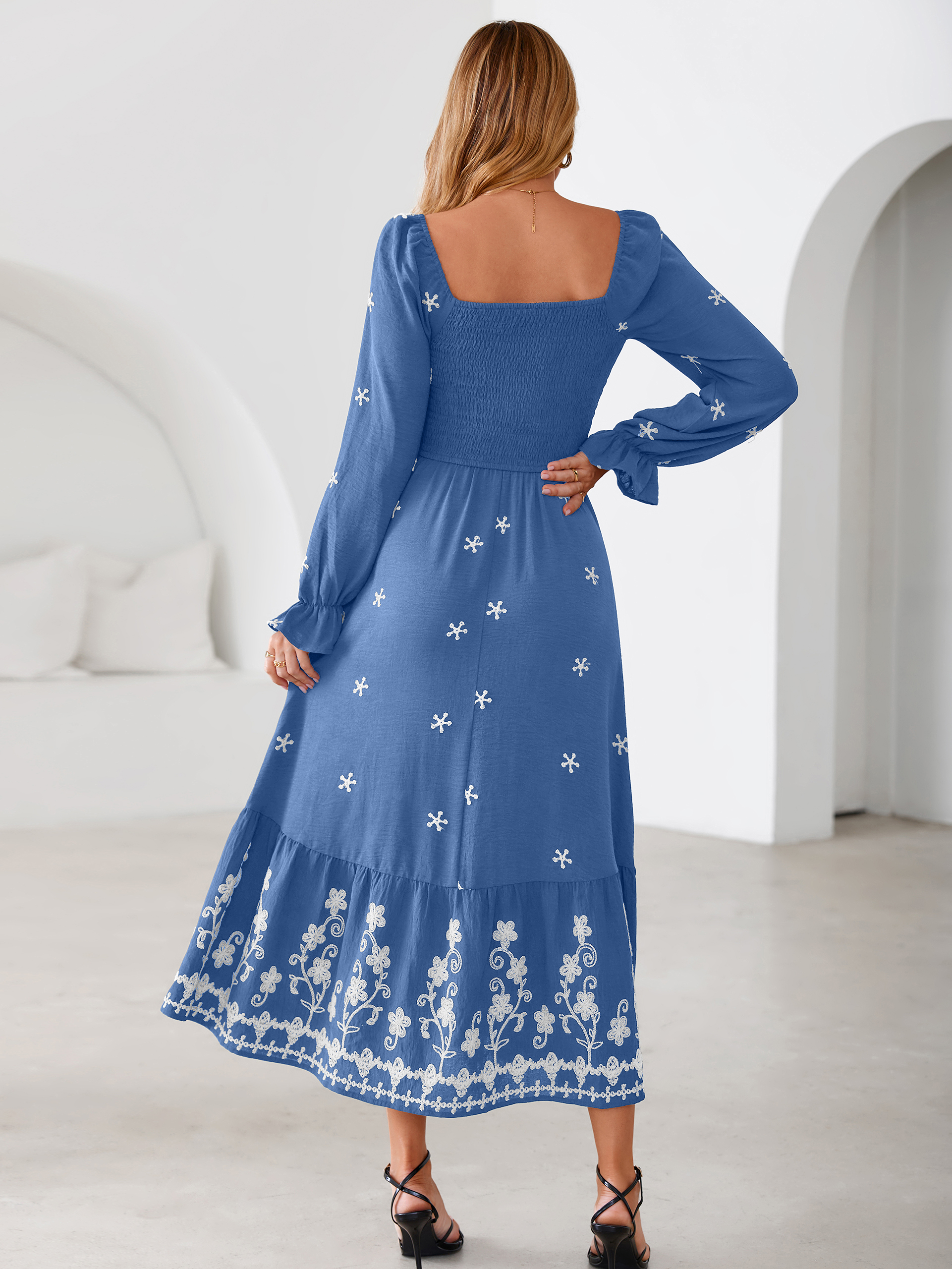 Boho Square Neck Floral Embroidered Maxi Dress