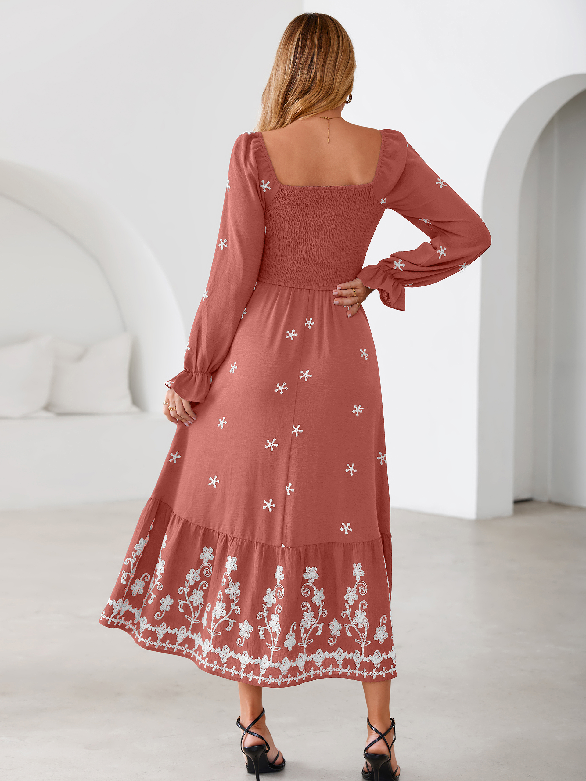 Boho Square Neck Floral Embroidered Maxi Dress