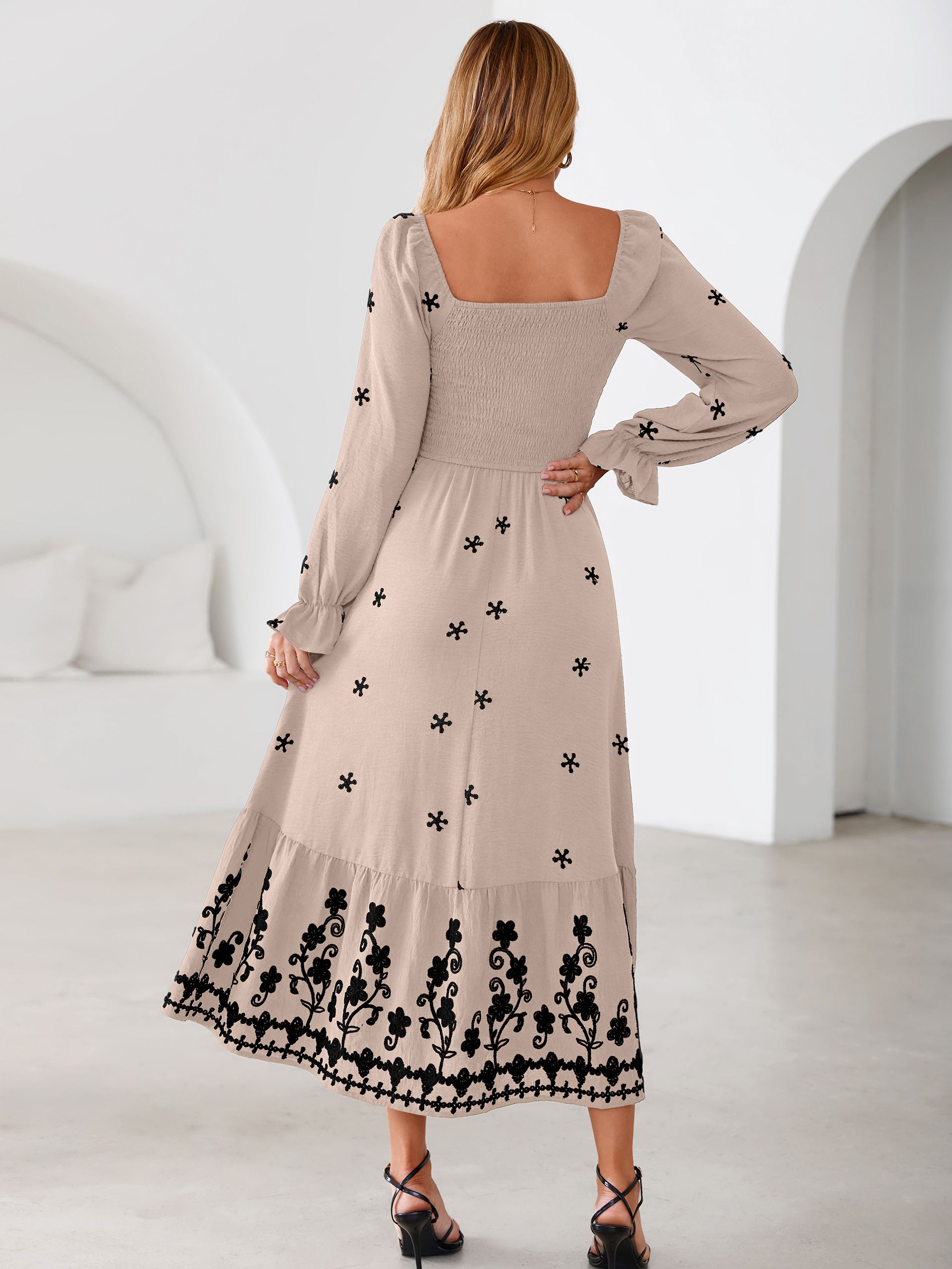 Boho Square Neck Floral Embroidered Maxi Dress