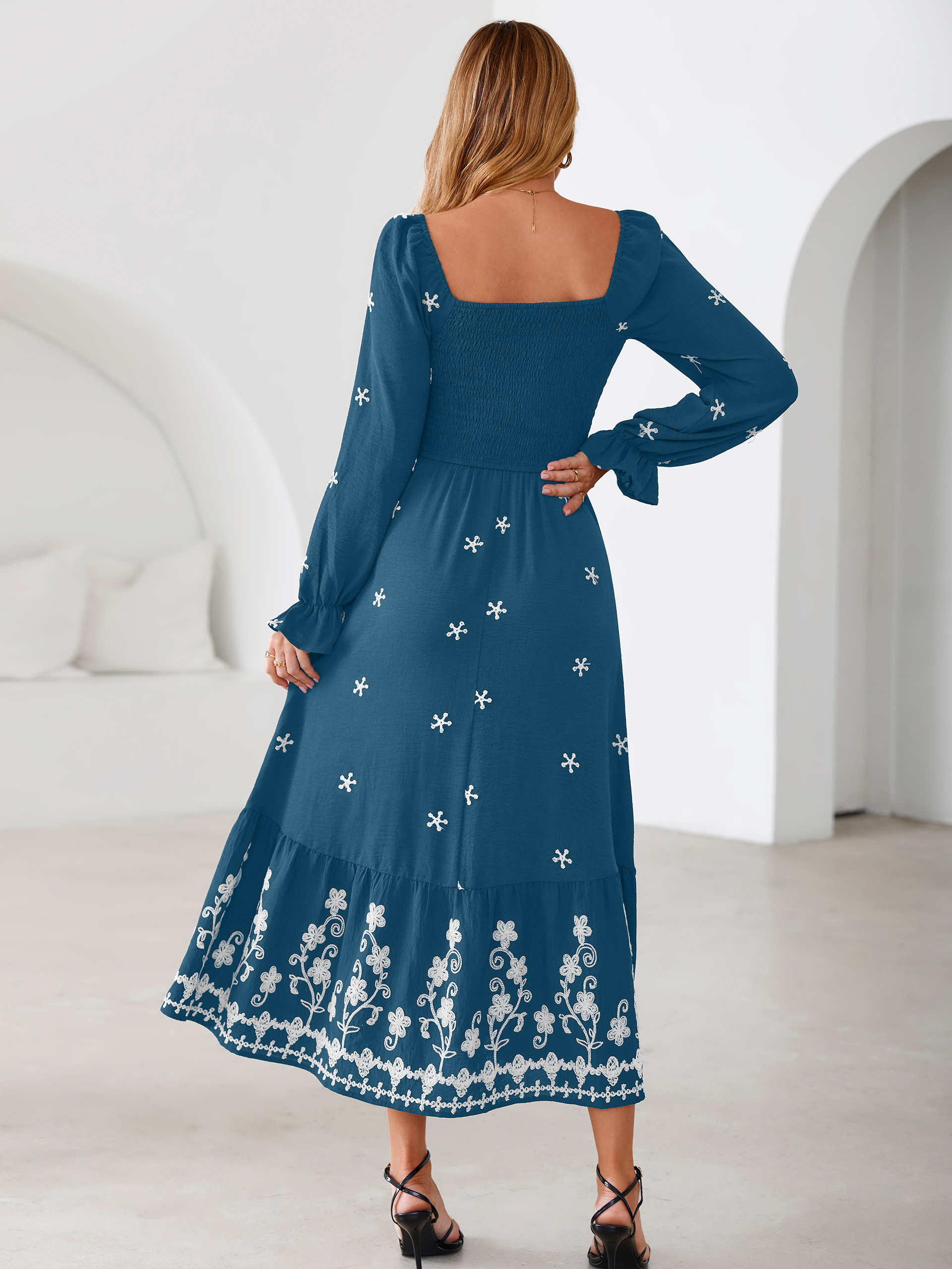 Boho Square Neck Floral Embroidered Maxi Dress