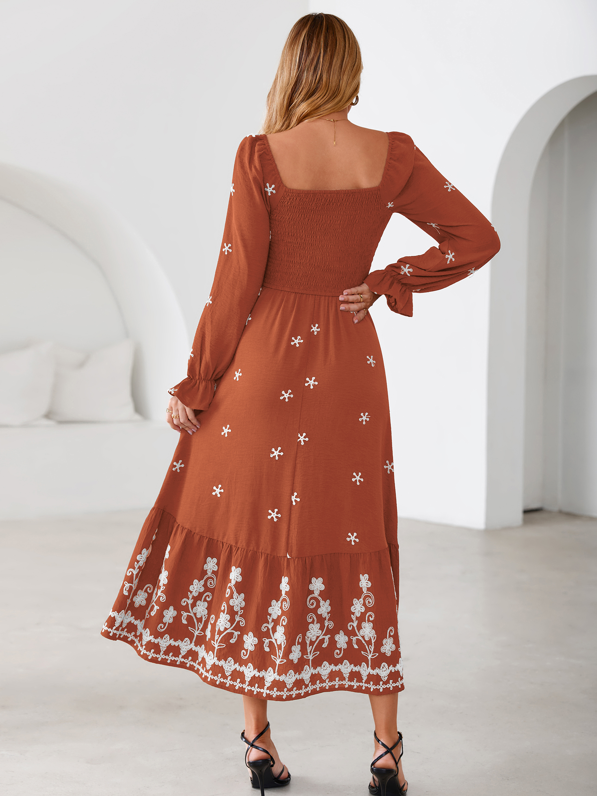 Boho Square Neck Floral Embroidered Maxi Dress