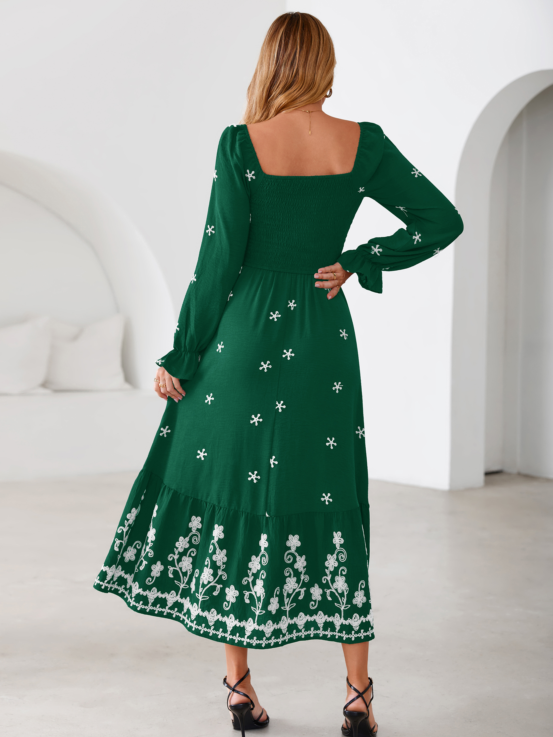 Boho Square Neck Floral Embroidered Maxi Dress
