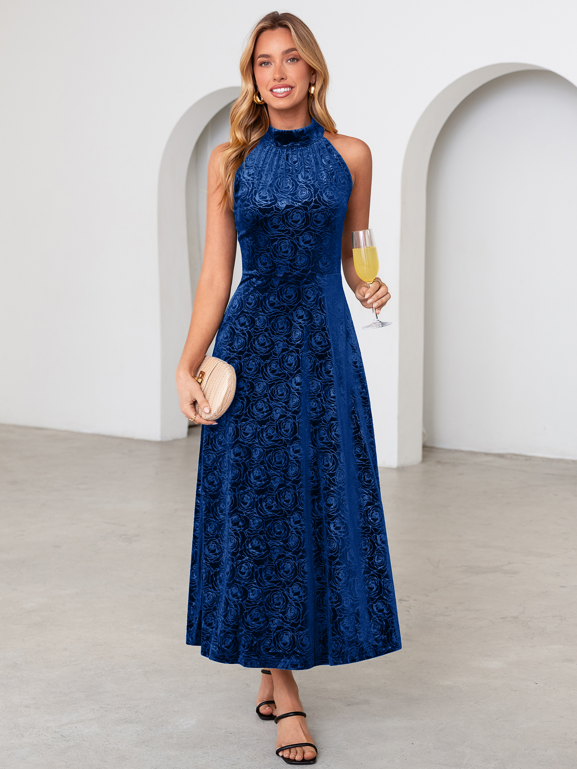 Luxurious Halter Neck Embossed Velvet Maxi Dress - Dark Blue
