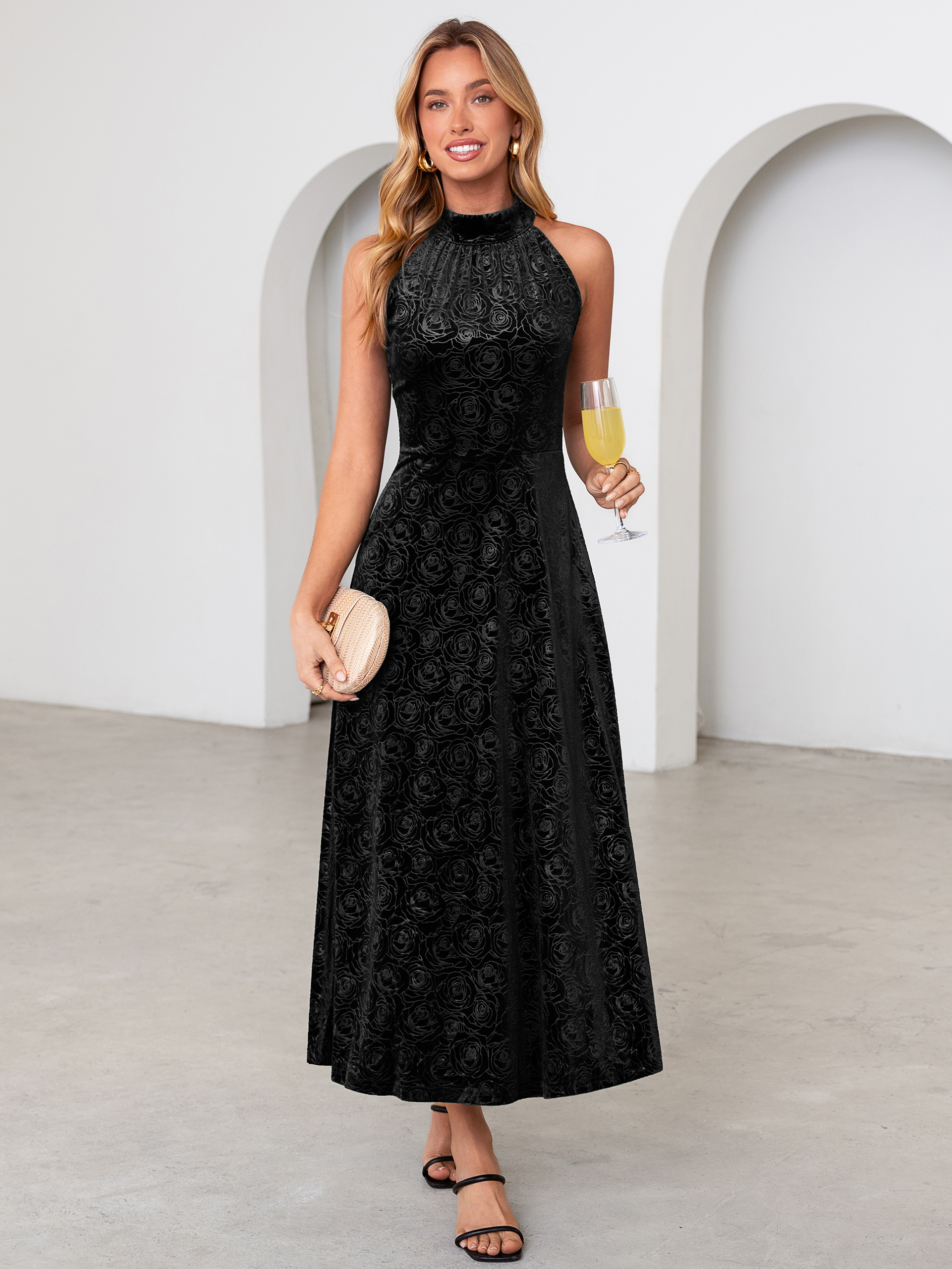 Luxurious Halter Neck Embossed Velvet Maxi Dress - Black