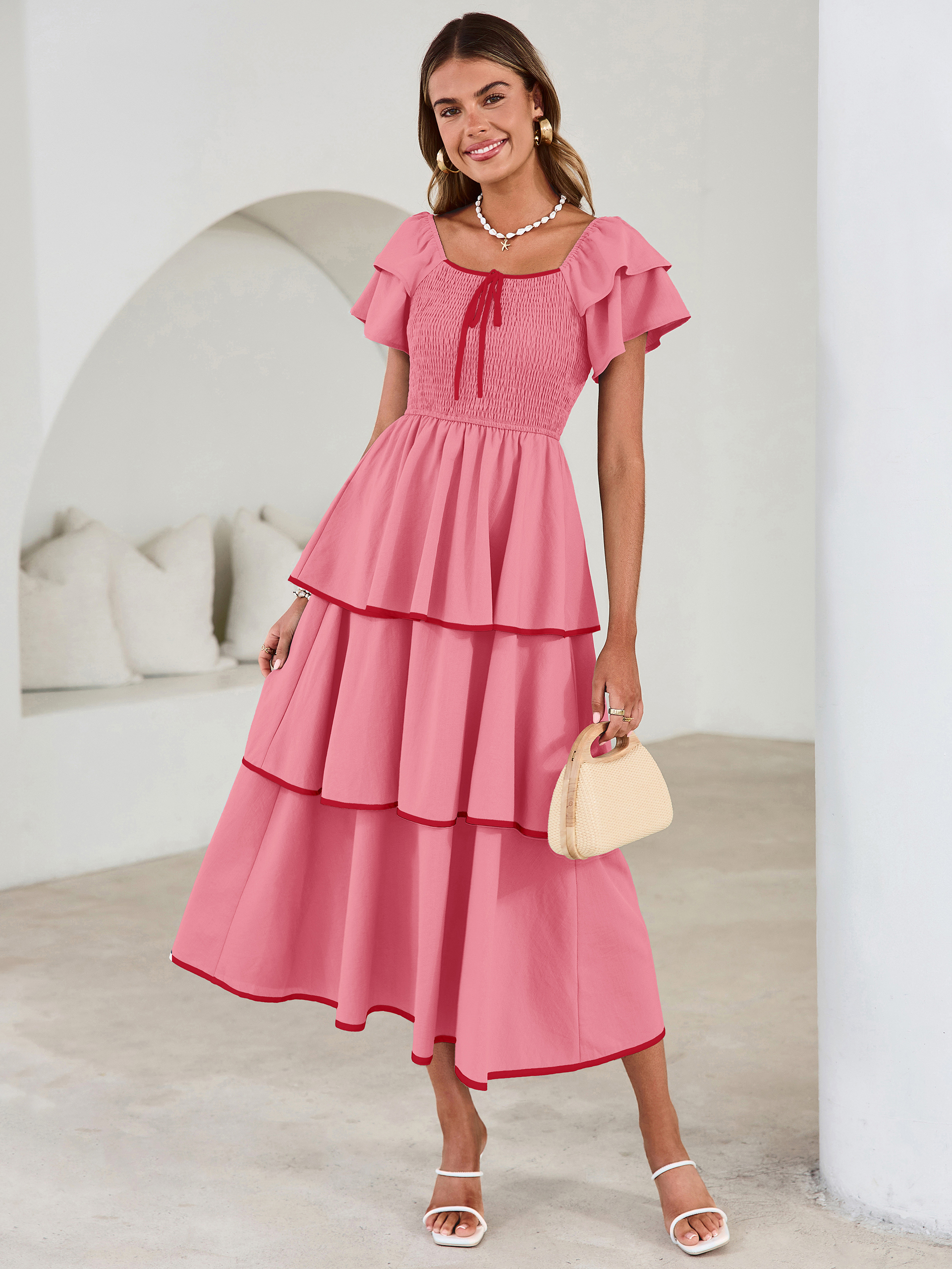 Ruched Off Shoulder Tiered Maxi Dress - Rose Pink