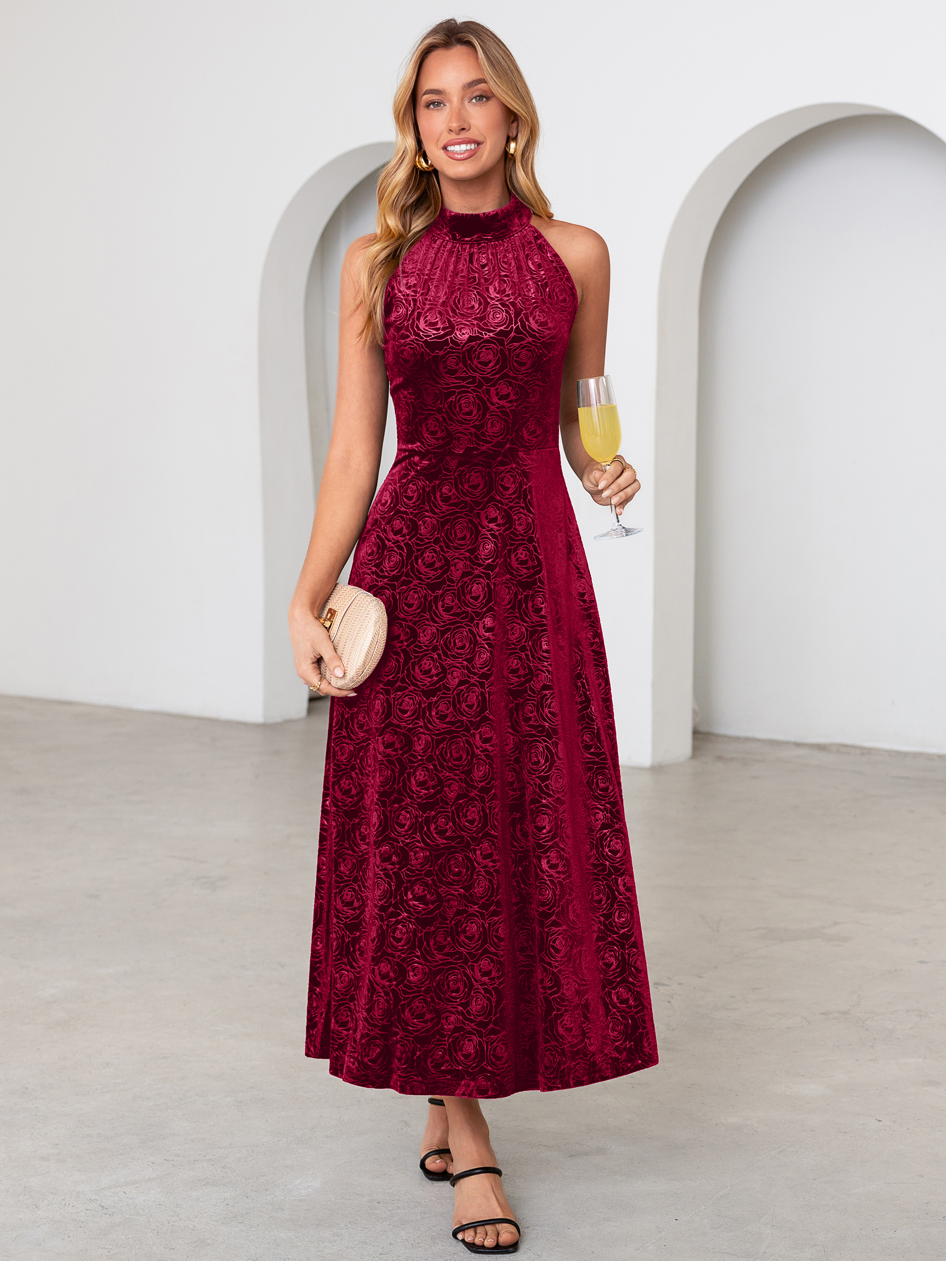 Luxurious Halter Neck Embossed Velvet Maxi Dress - Burgundy