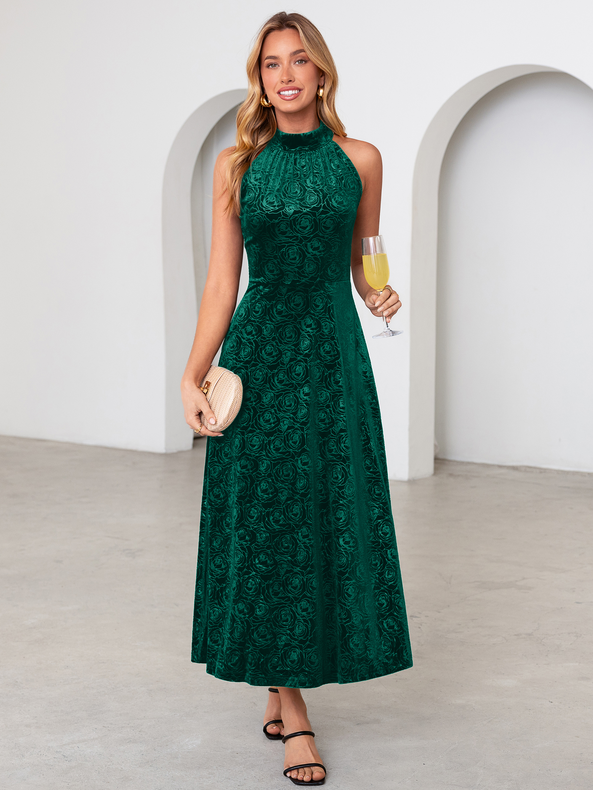 Luxurious Halter Neck Embossed Velvet Maxi Dress - Dark Green