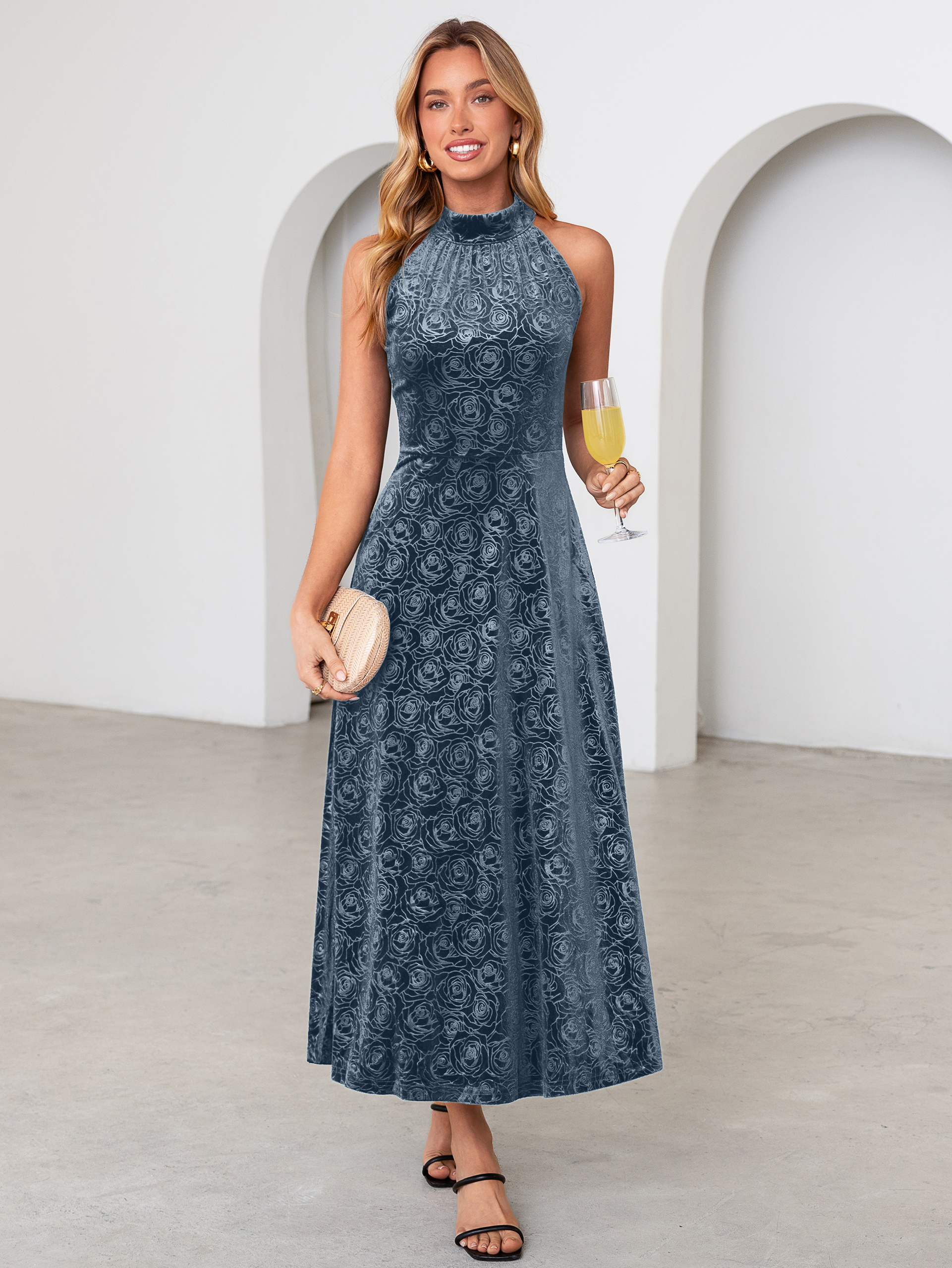 Luxurious Halter Neck Embossed Velvet Maxi Dress - Grey Blue