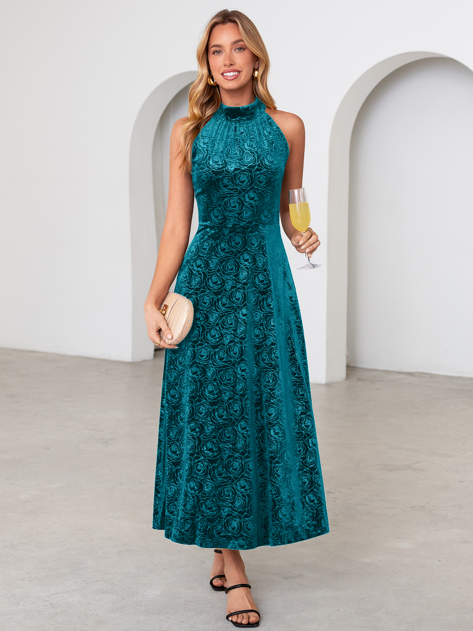 Luxurious Halter Neck Embossed Velvet Maxi Dress - Lake Blue