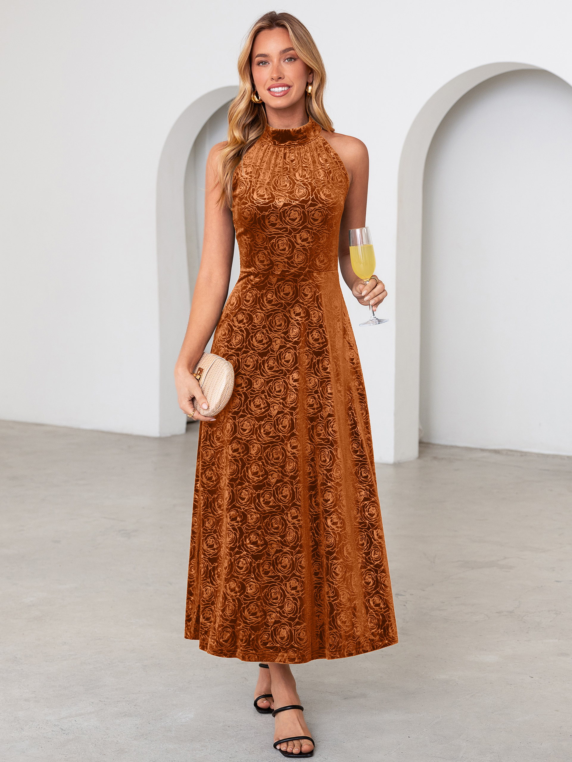Luxurious Halter Neck Embossed Velvet Maxi Dress - Orange Brown