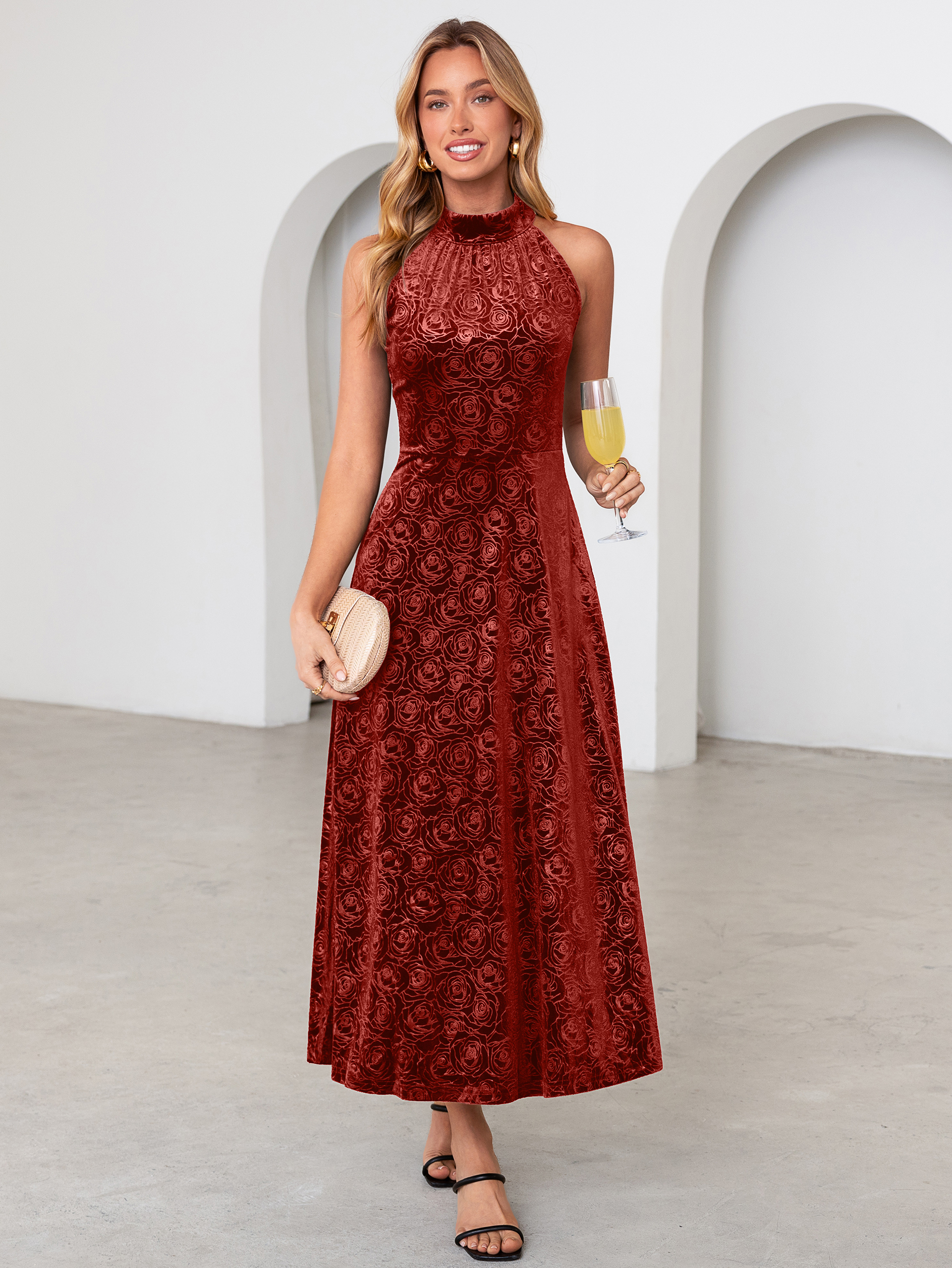 Luxurious Halter Neck Embossed Velvet Maxi Dress - Orange Red