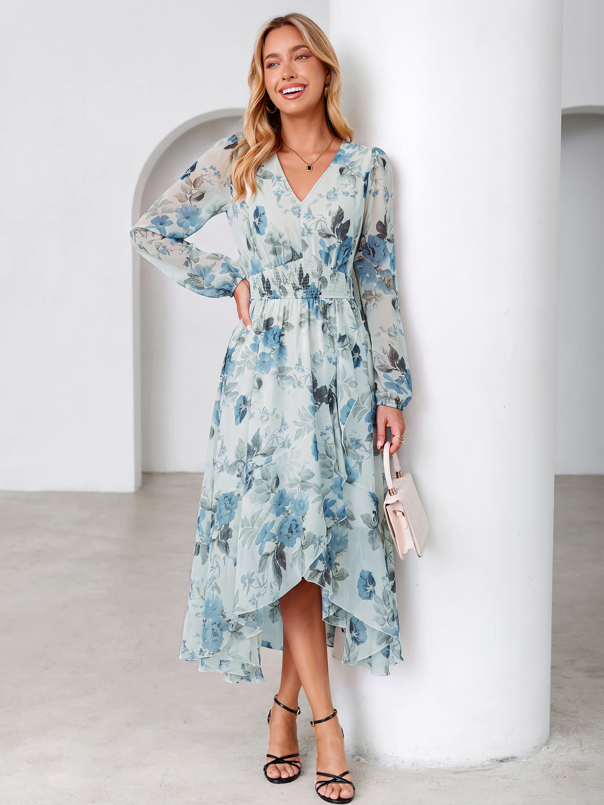 Tulle Floral Print Long Sleeve Asymmetrical Maxi Dress