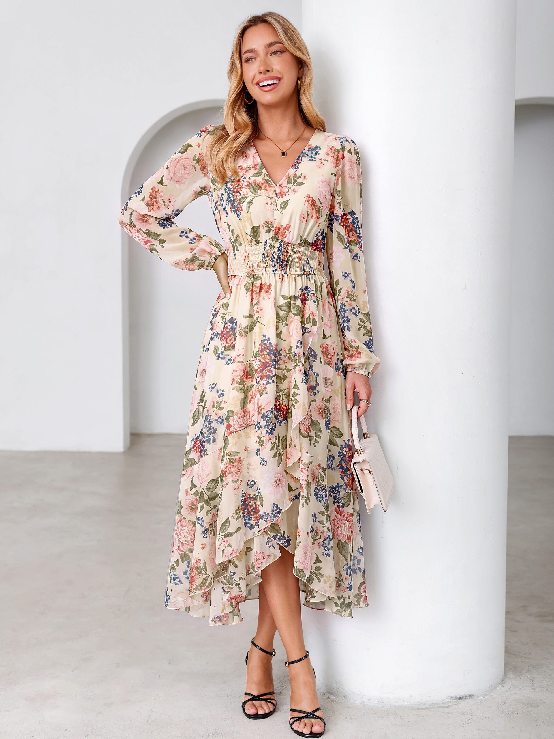 Tulle Floral Print Long Sleeve Asymmetrical Maxi Dress