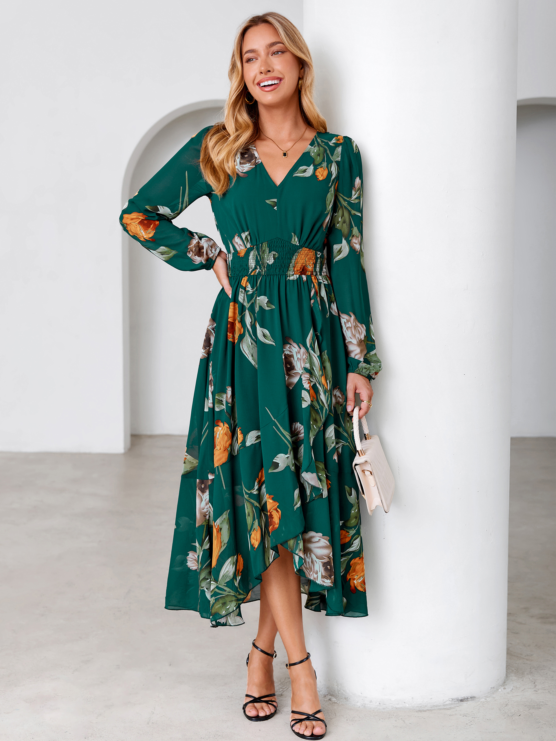 Tulle Floral Print Long Sleeve Asymmetrical Maxi Dress
