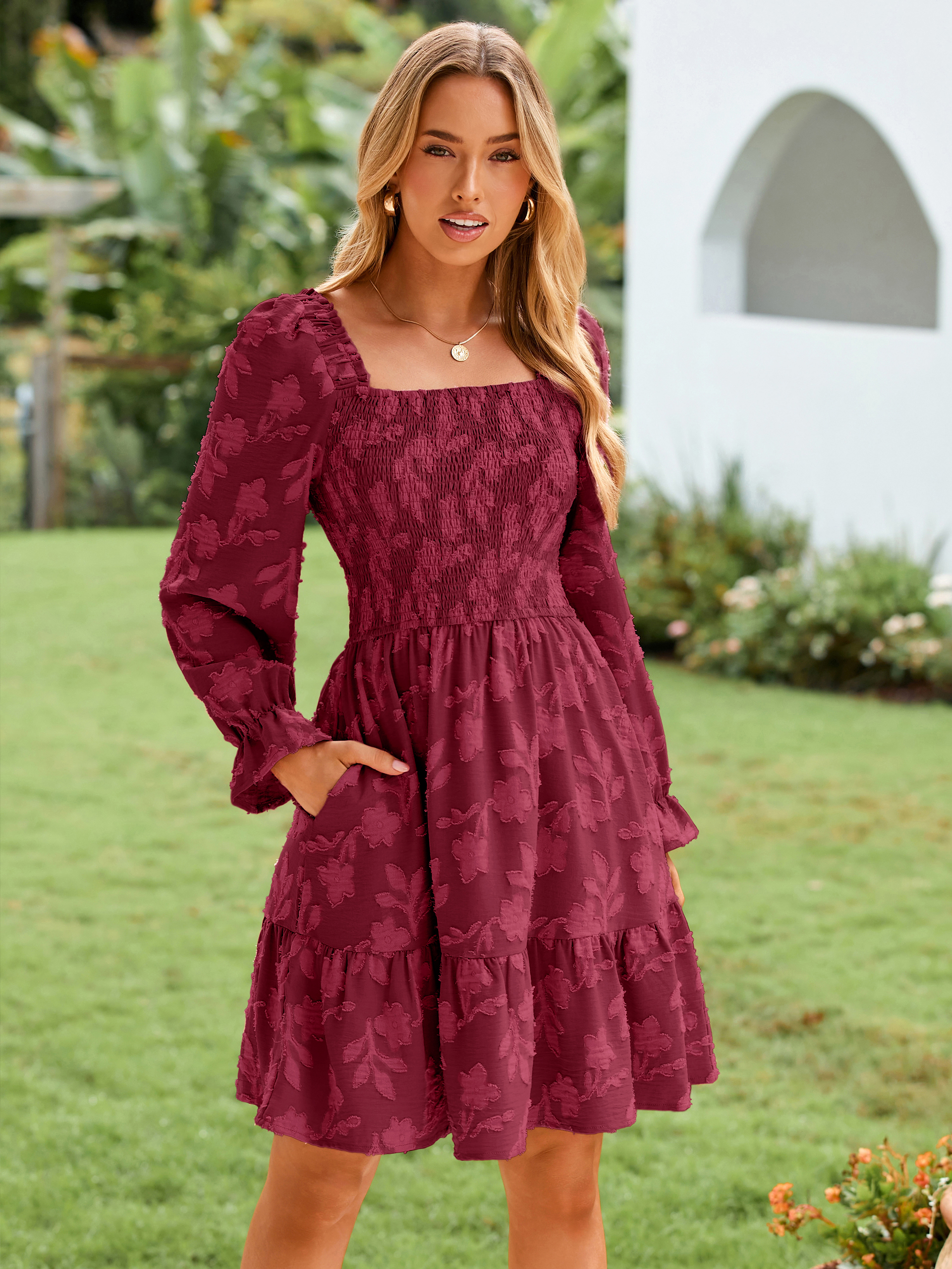 Square Neck Long Sleeve Ruffle Mini Dress