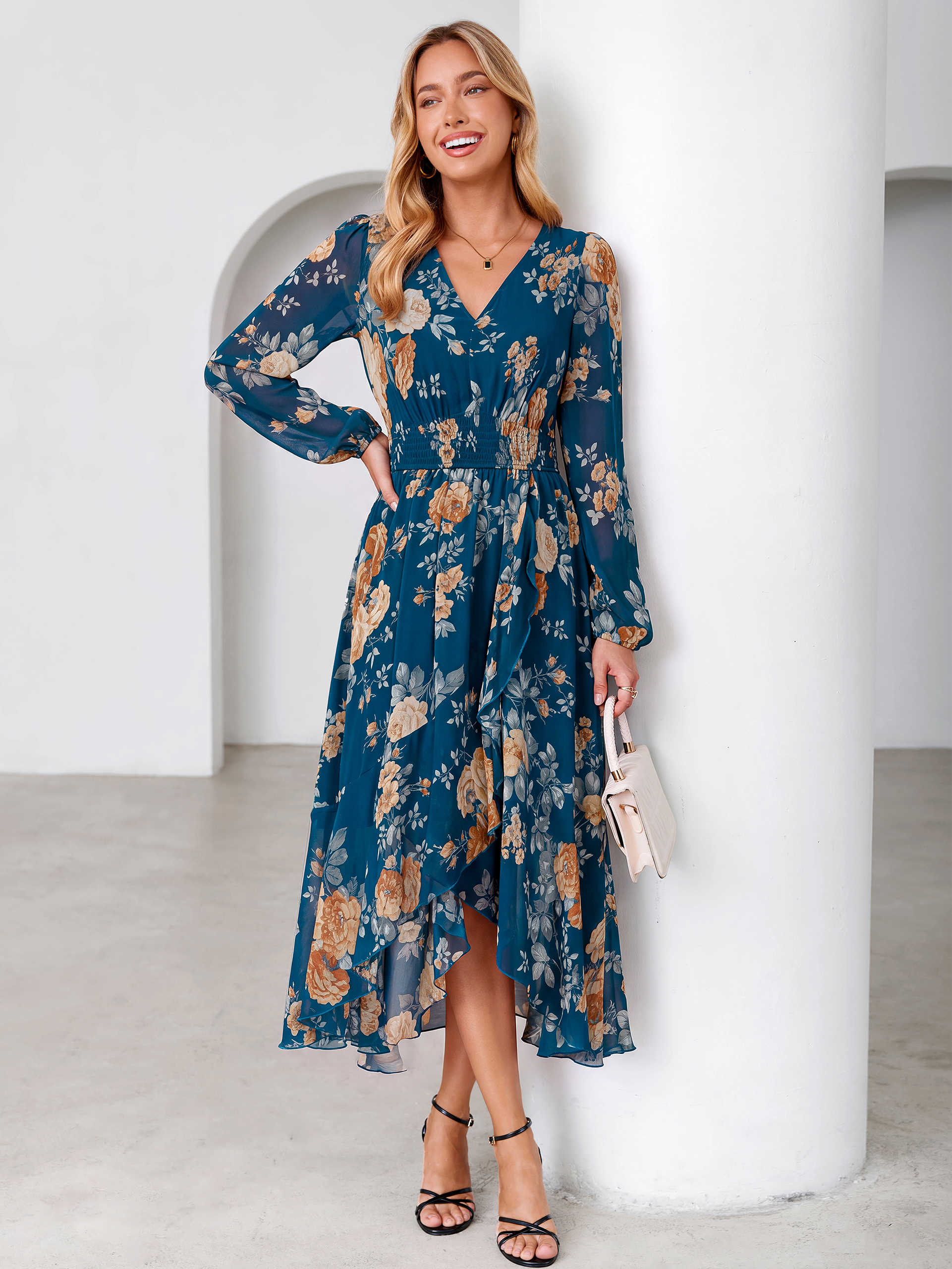 Tulle Floral Print Long Sleeve Asymmetrical Maxi Dress