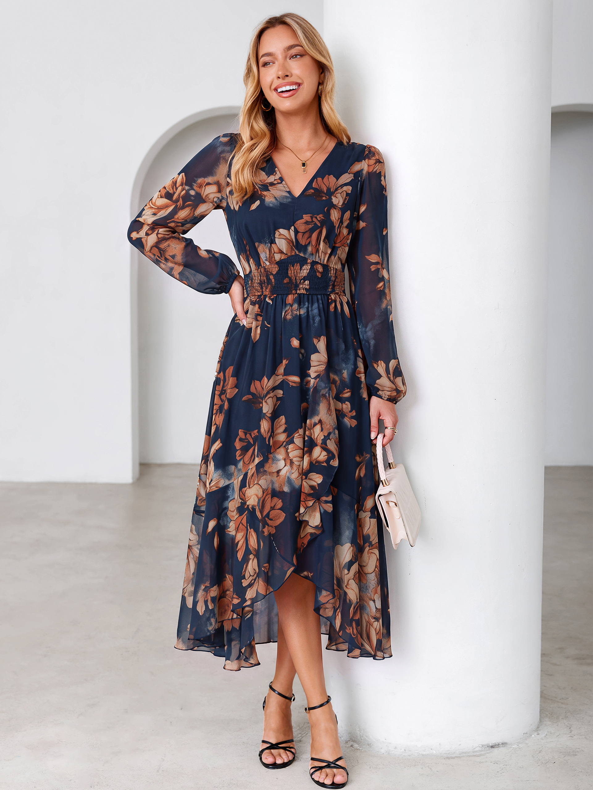 Tulle Floral Print Long Sleeve Asymmetrical Maxi Dress