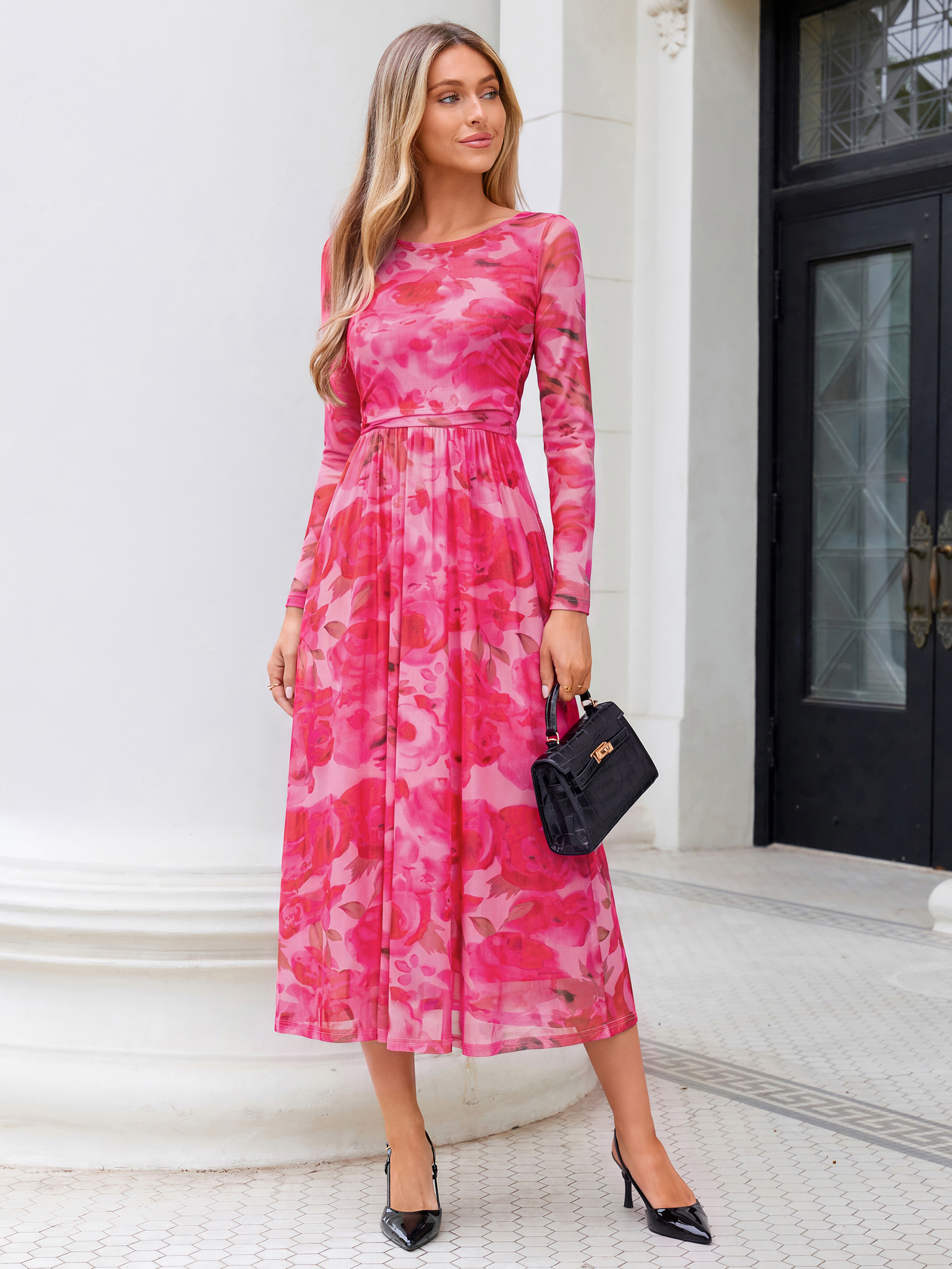 Floral Print Long Sleeve Boat Neck Mesh Maxi Dress