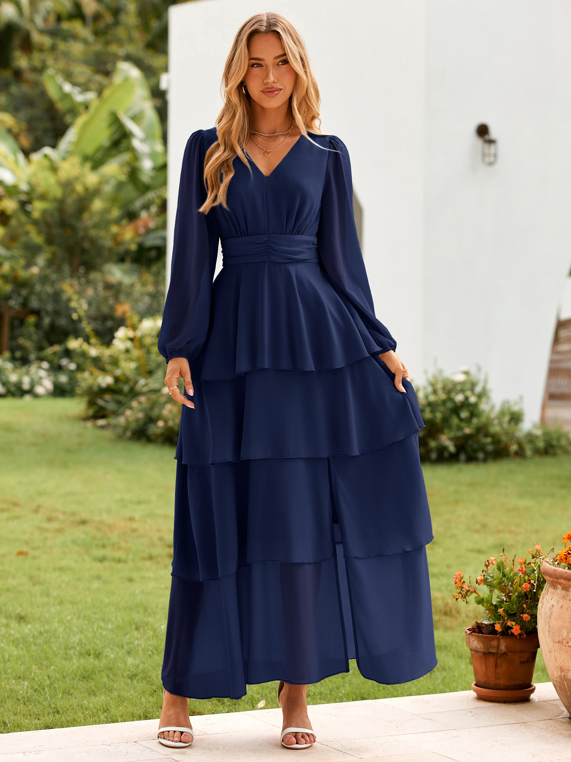Chiffon Tiered Ruffle Wedding Guest Maxi Dress
