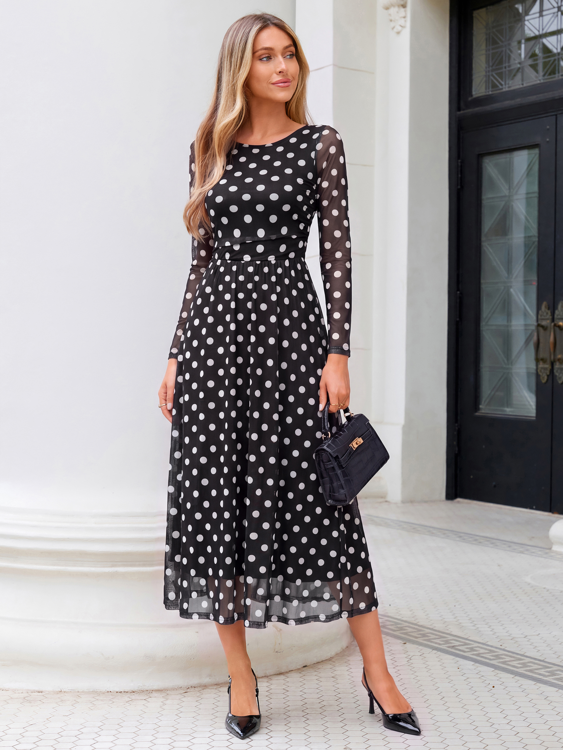 Polka Dot Print Boat Neck Sheer Sleeve Maxi Dress