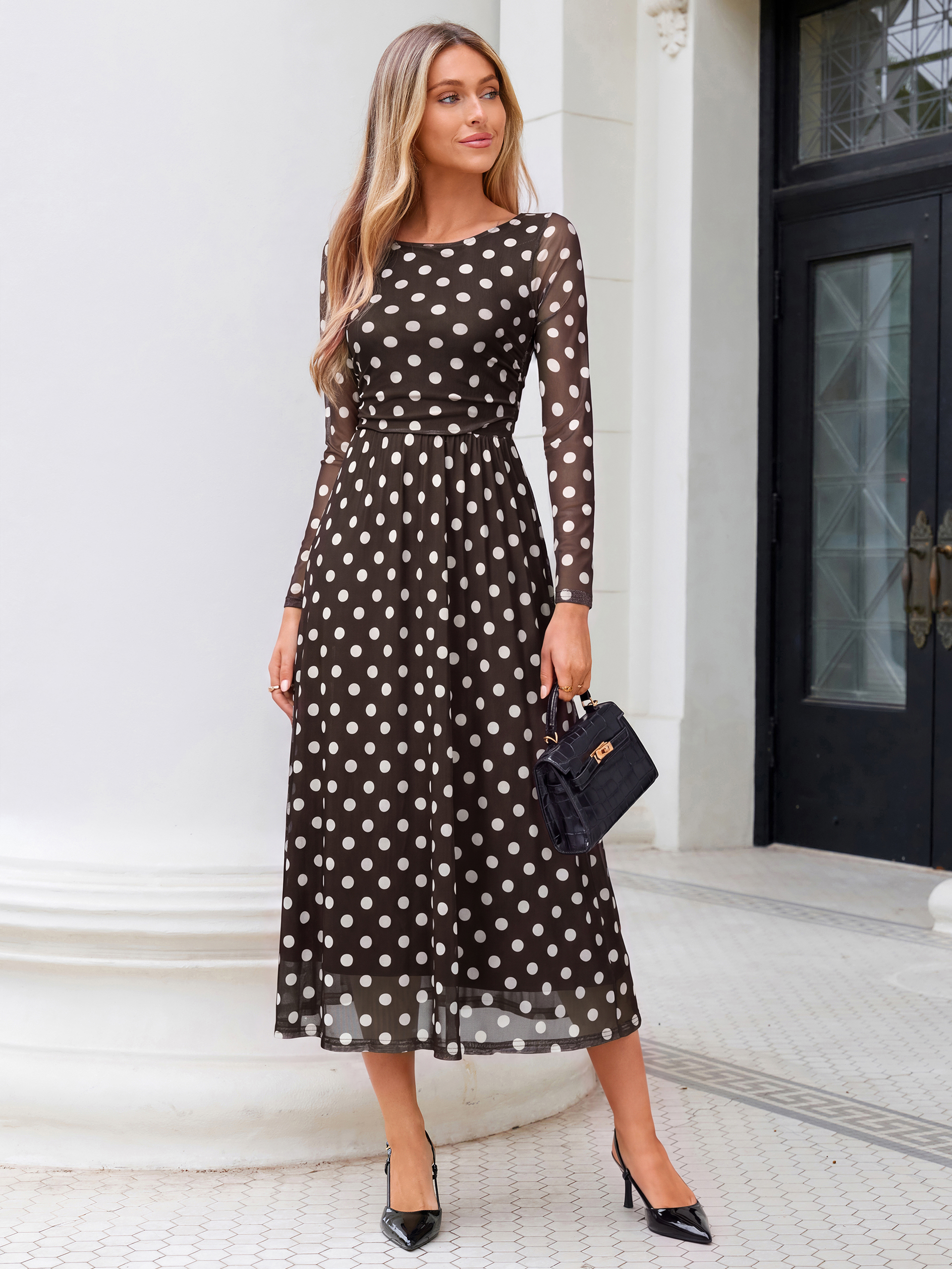 Polka Dot Print Boat Neck Sheer Sleeve Maxi Dress
