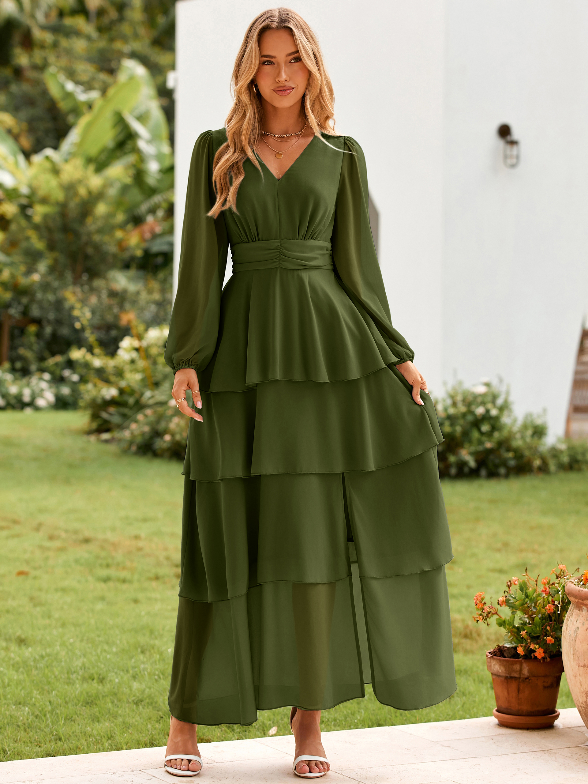 Chiffon Tiered Ruffle Wedding Guest Maxi Dress - Army Green