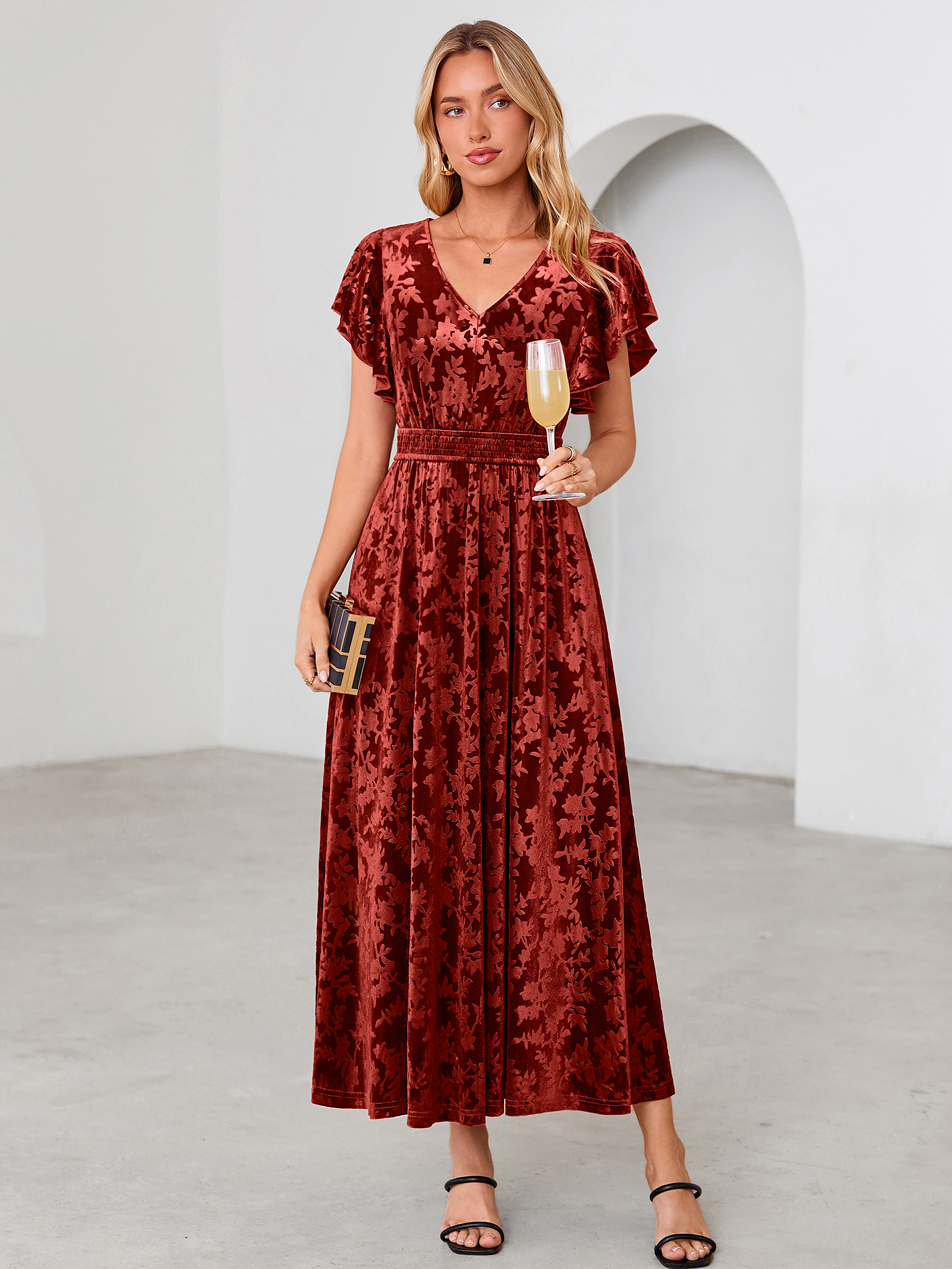 V-Neck Flutter Sleeve Burnout Velvet Maxi Dress