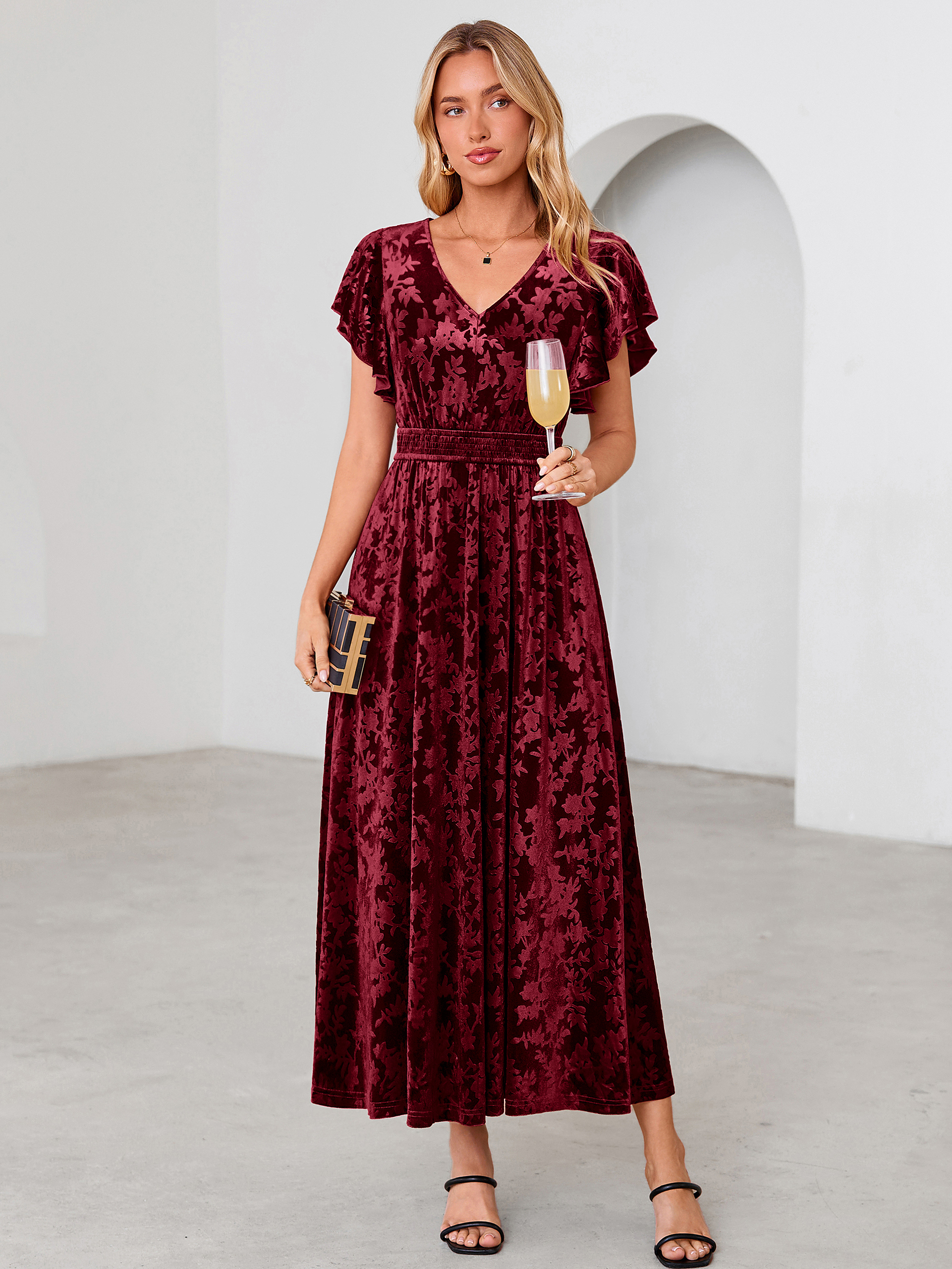 V-Neck Flutter Sleeve Burnout Velvet Maxi Dress