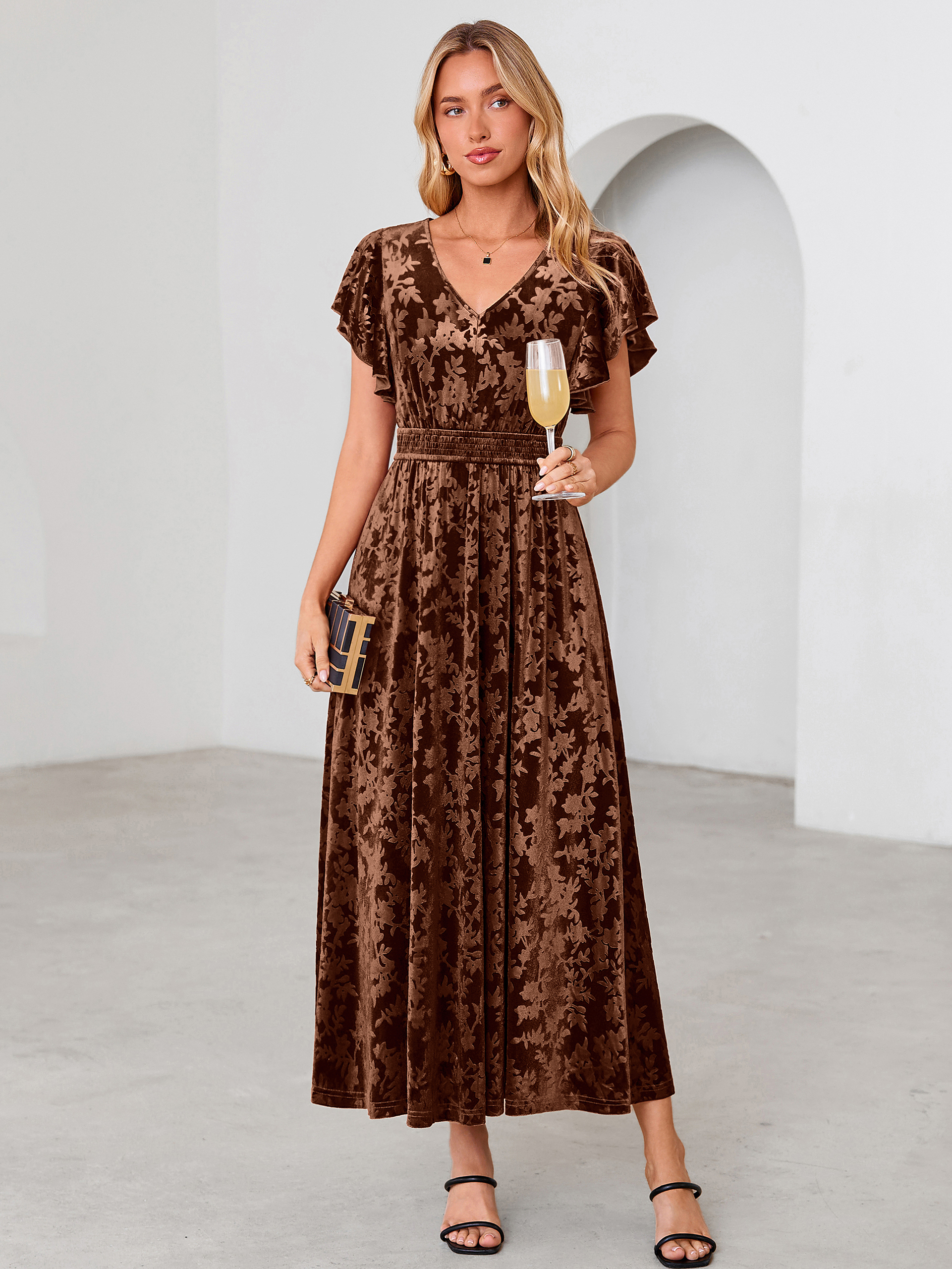 V-Neck Flutter Sleeve Burnout Velvet Maxi Dress