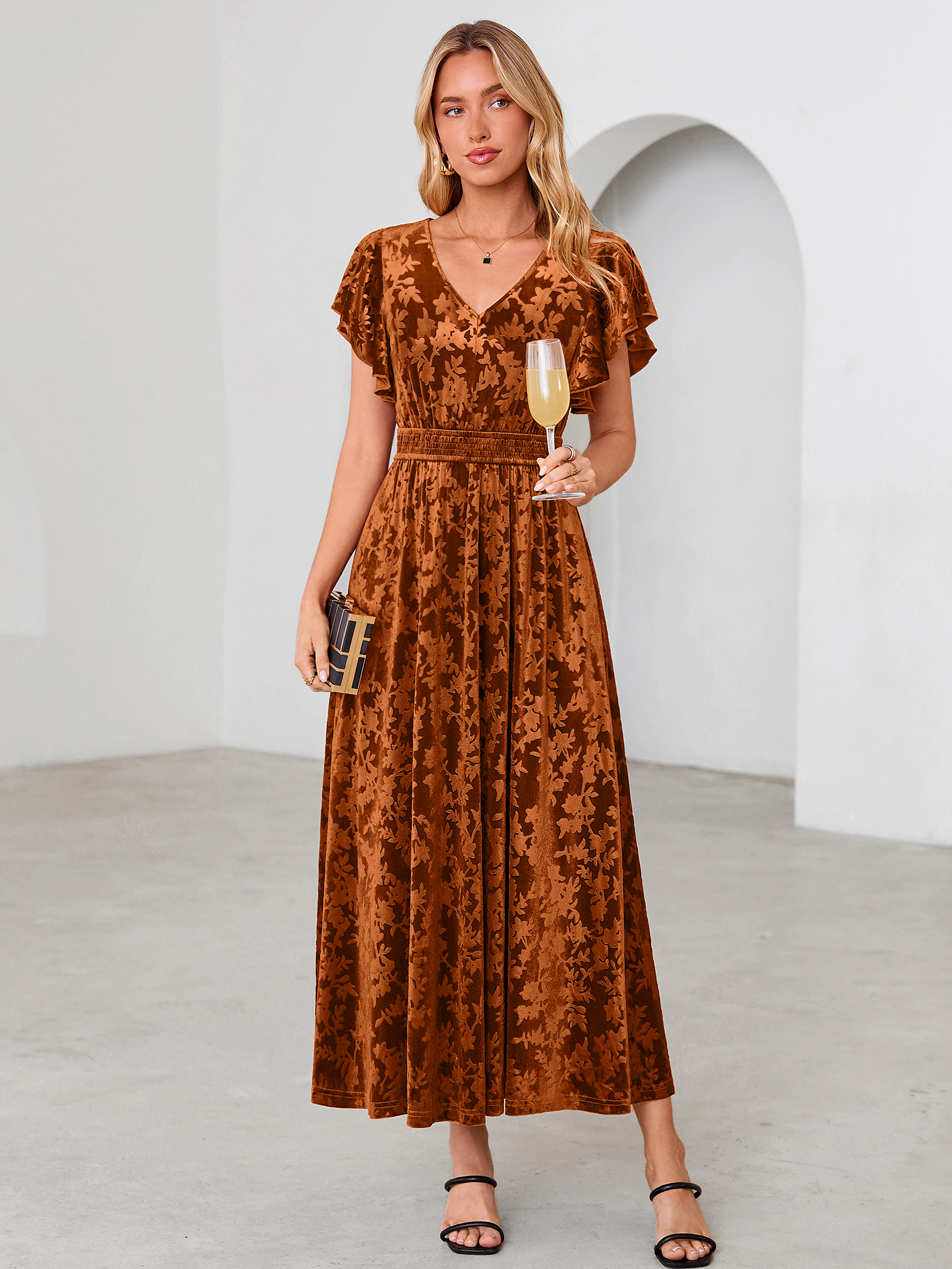 V-Neck Flutter Sleeve Burnout Velvet Maxi Dress