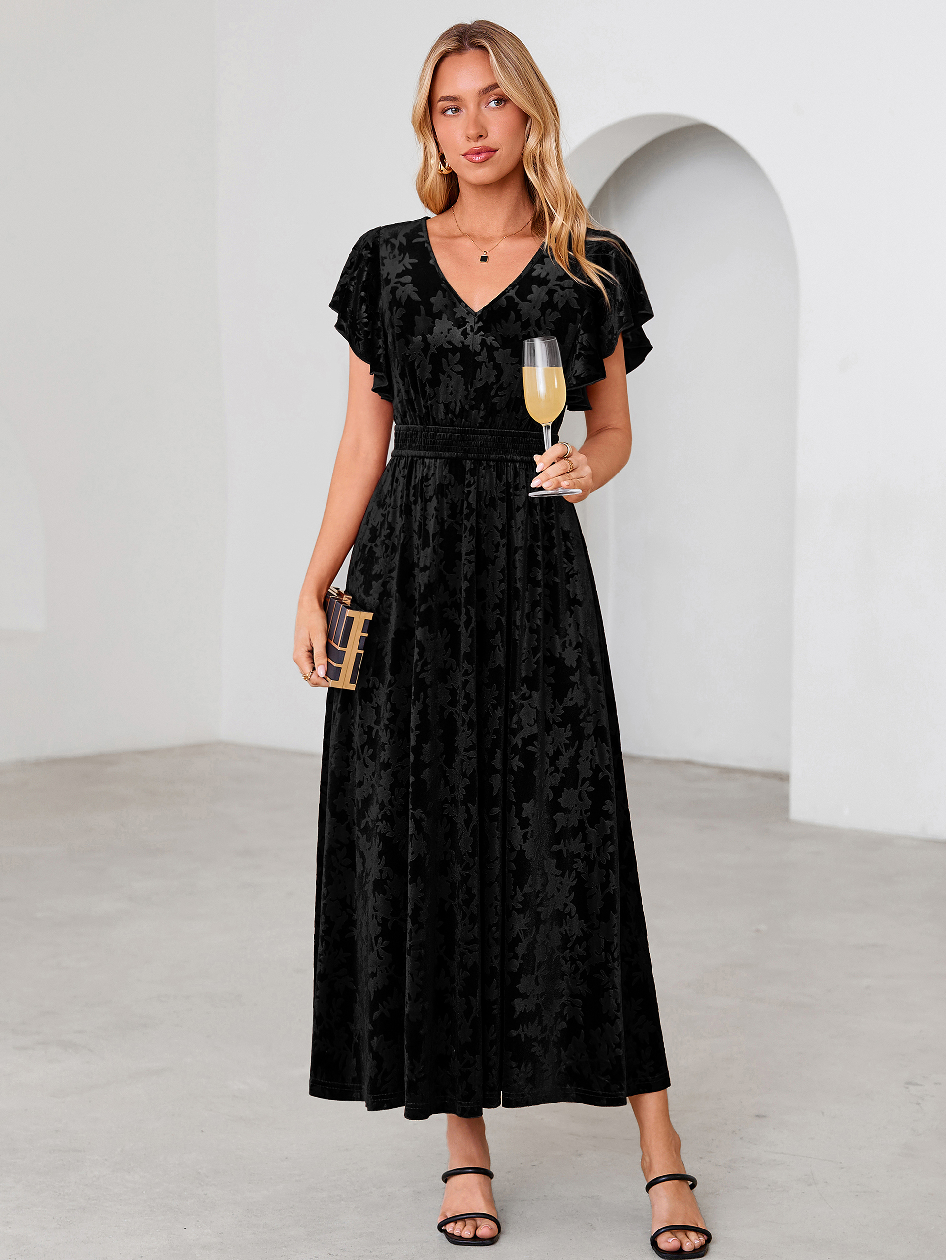 V-Neck Flutter Sleeve Burnout Velvet Maxi Dress