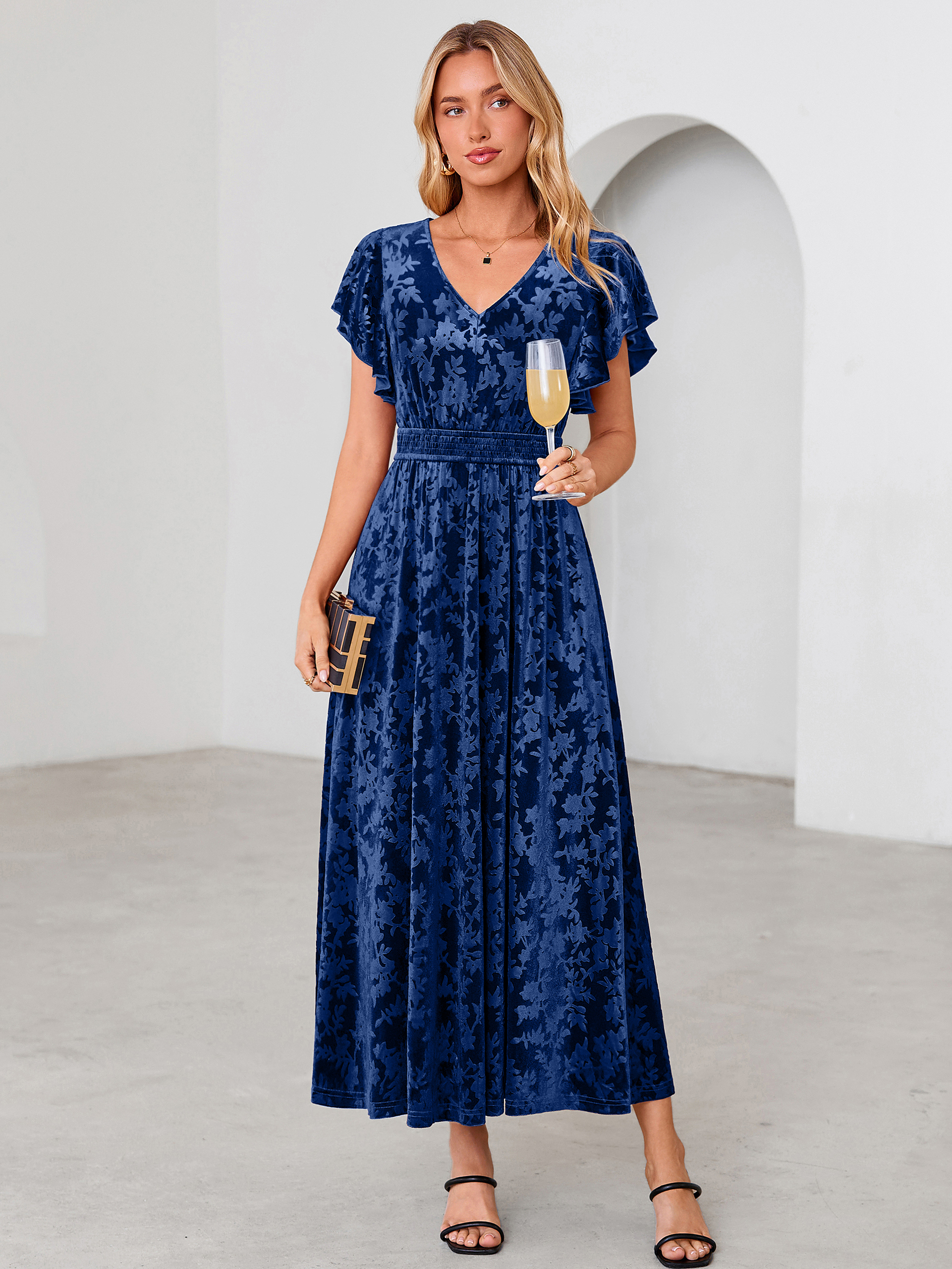 V-Neck Flutter Sleeve Burnout Velvet Maxi Dress