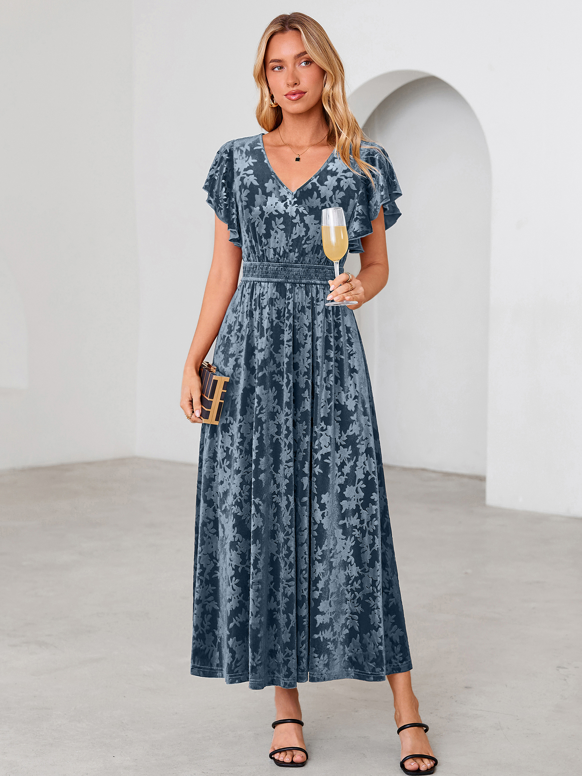 V-Neck Flutter Sleeve Burnout Velvet Maxi Dress