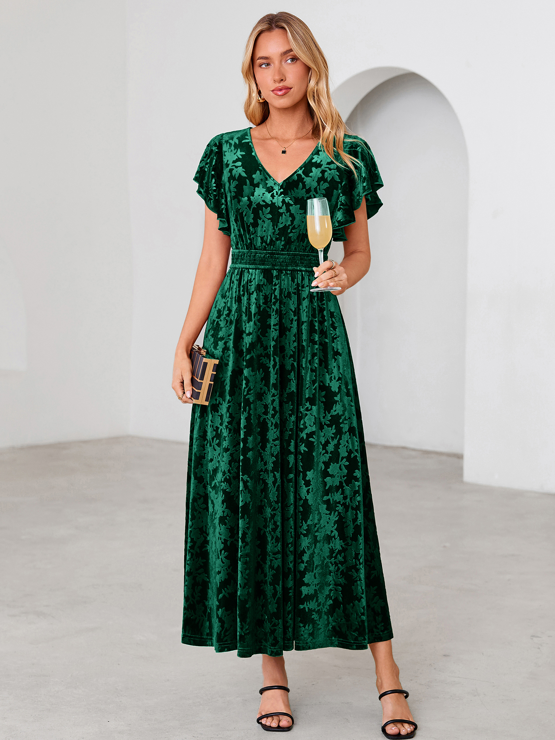 V-Neck Flutter Sleeve Burnout Velvet Maxi Dress